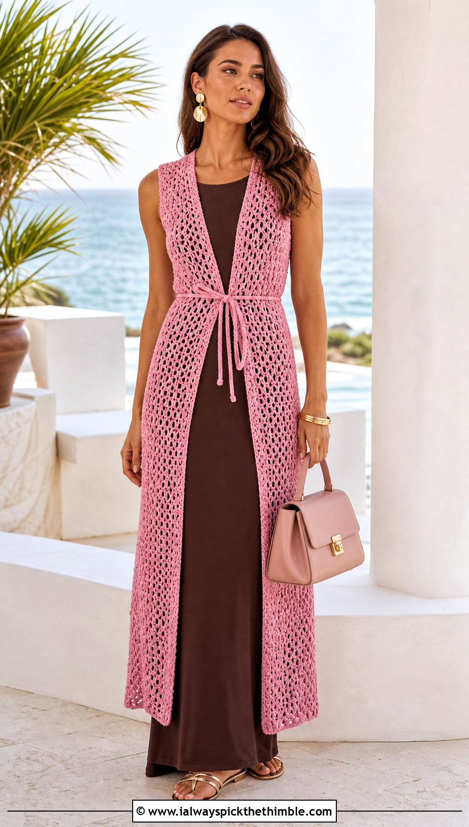 Longline Tie Crochet Vest With Column Maxi Dress - 25 crochet tie vest outfit ideas