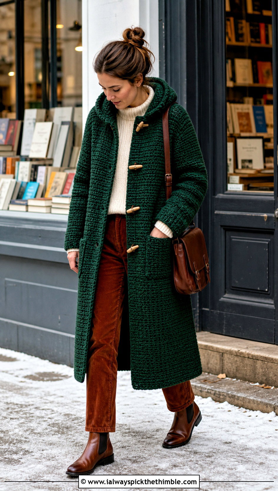 Longline Toggle Crochet Jacket With Corduroy Pants - 20 crochet winter jacket outfit ideas