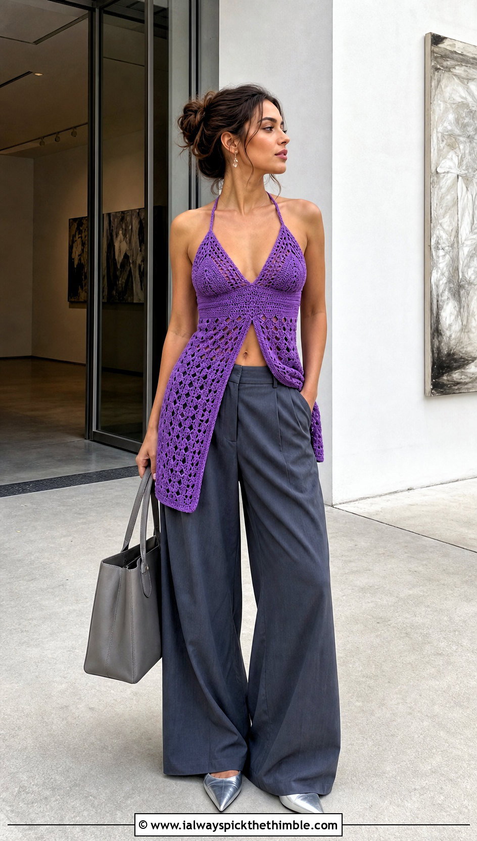 Longline Triangle Crochet Top With Pleated Trousers - 25 crochet triangle top outfit ideas