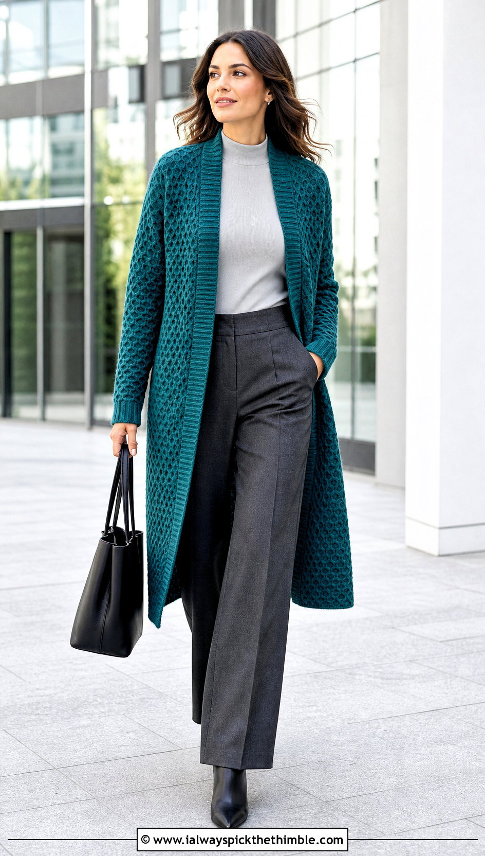 Longline Tunisian Honeycomb Cardigan With Tailored Trousers - 20 Crochet Tunisian Cardigan outfit ideas
