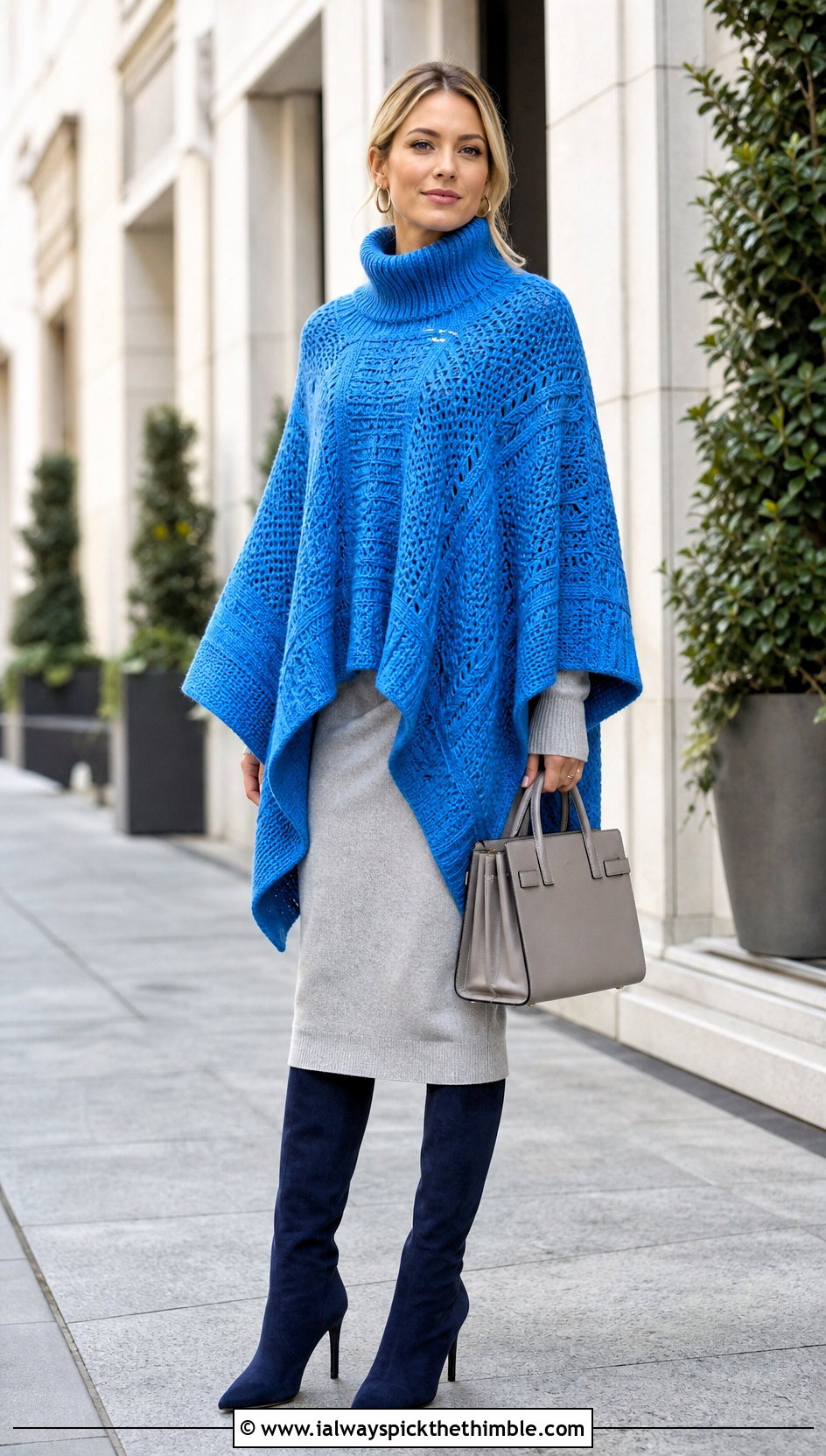 Longline Turtle Neck Crochet Poncho With Sweater Dress - 20 Turtle Neck Crochet Poncho outfit ideas