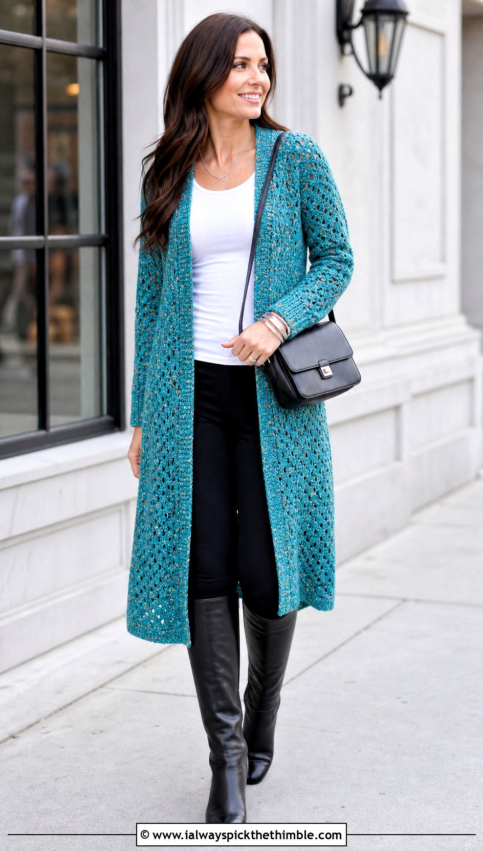 Longline Tweed Crochet Cardi With Leggings And Boots - 15 tweed crochet cardi outfit ideas