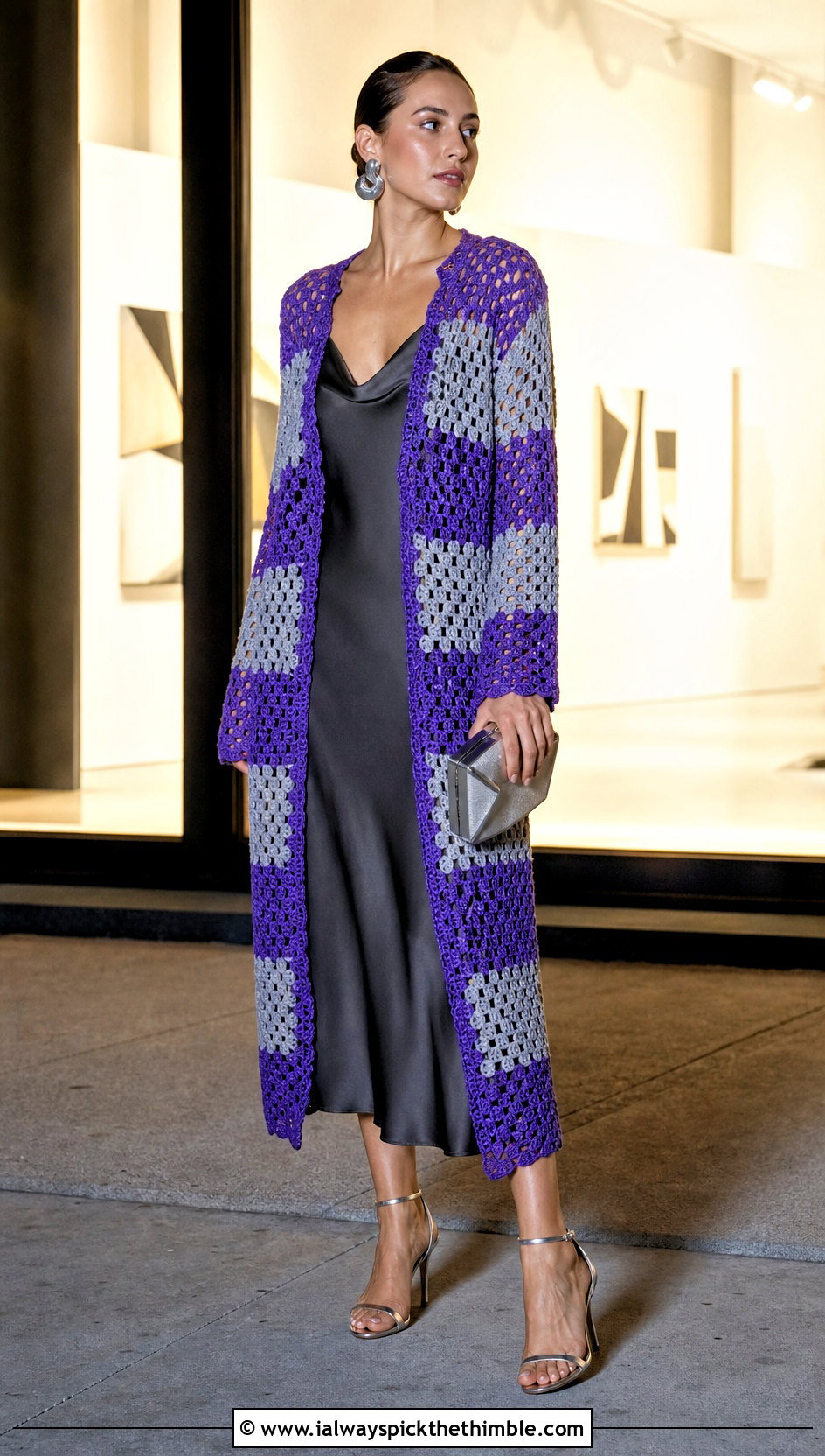 Longline Two Color Granny Square Cardigan With Slip Dress - 20 Two Granny Square Cardigan outfit ideas