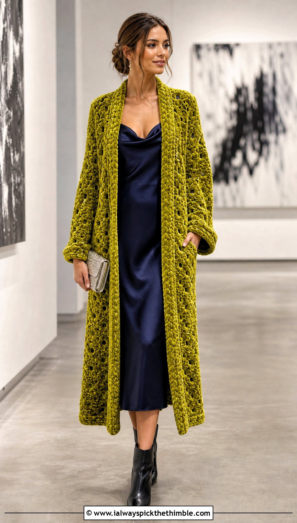 Longline Velvet Crochet Cardigan With Satin Slip Dress - 15 velvet crochet cardigan outfit ideas
