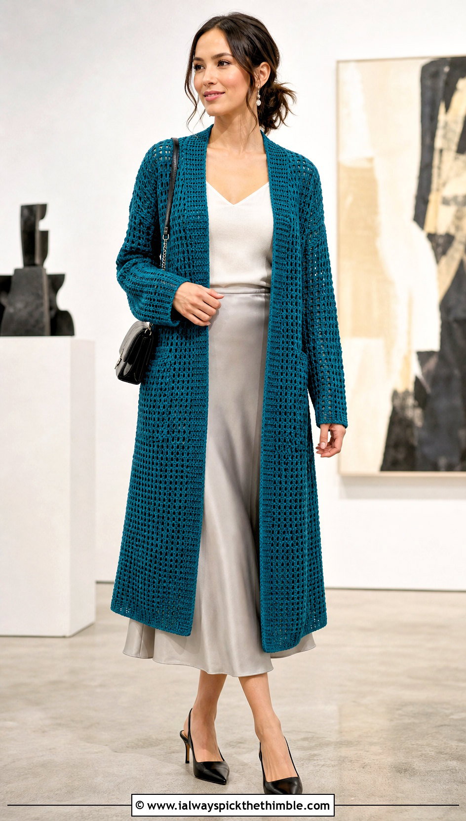 Longline Waffle Stitch Crochet Cardigan With Satin Midi Skirt - 20 crochet waffle stitch cardigan outfit ideas
