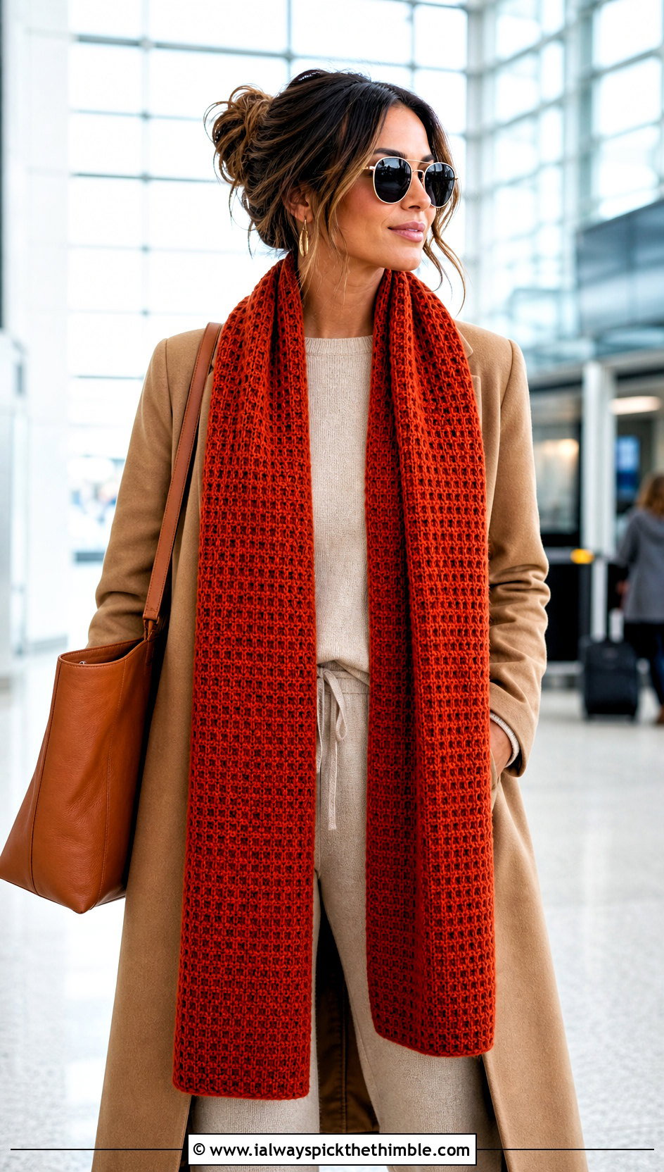 Longline Waffle Stitch Crochet Scarf With Knit Set - 20 waffle stitch crochet scarf outfit ideas