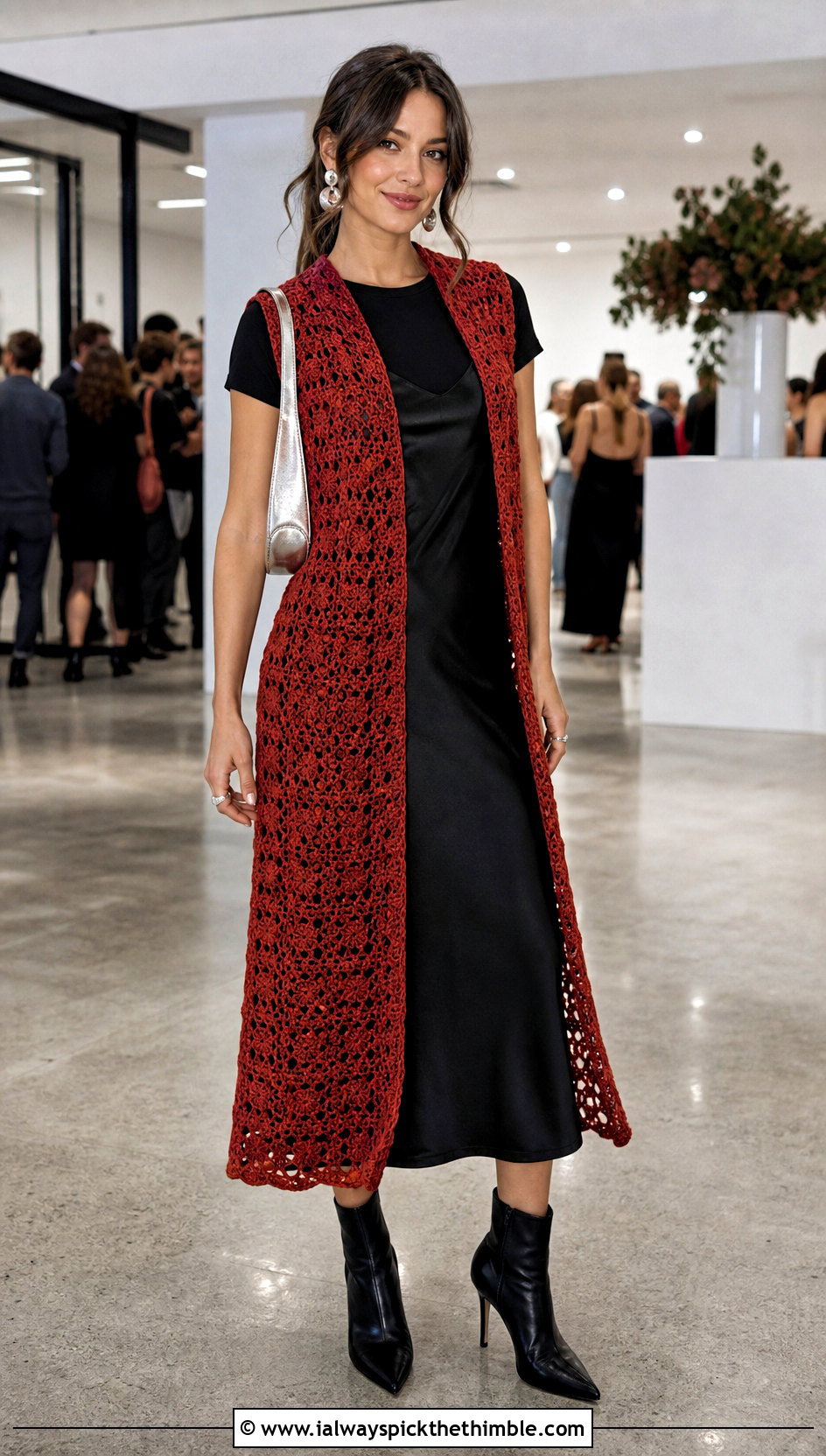 Longline Wednesday Crochet Vest With Slip Dress - 20 wednesday crochet vest outfit ideas