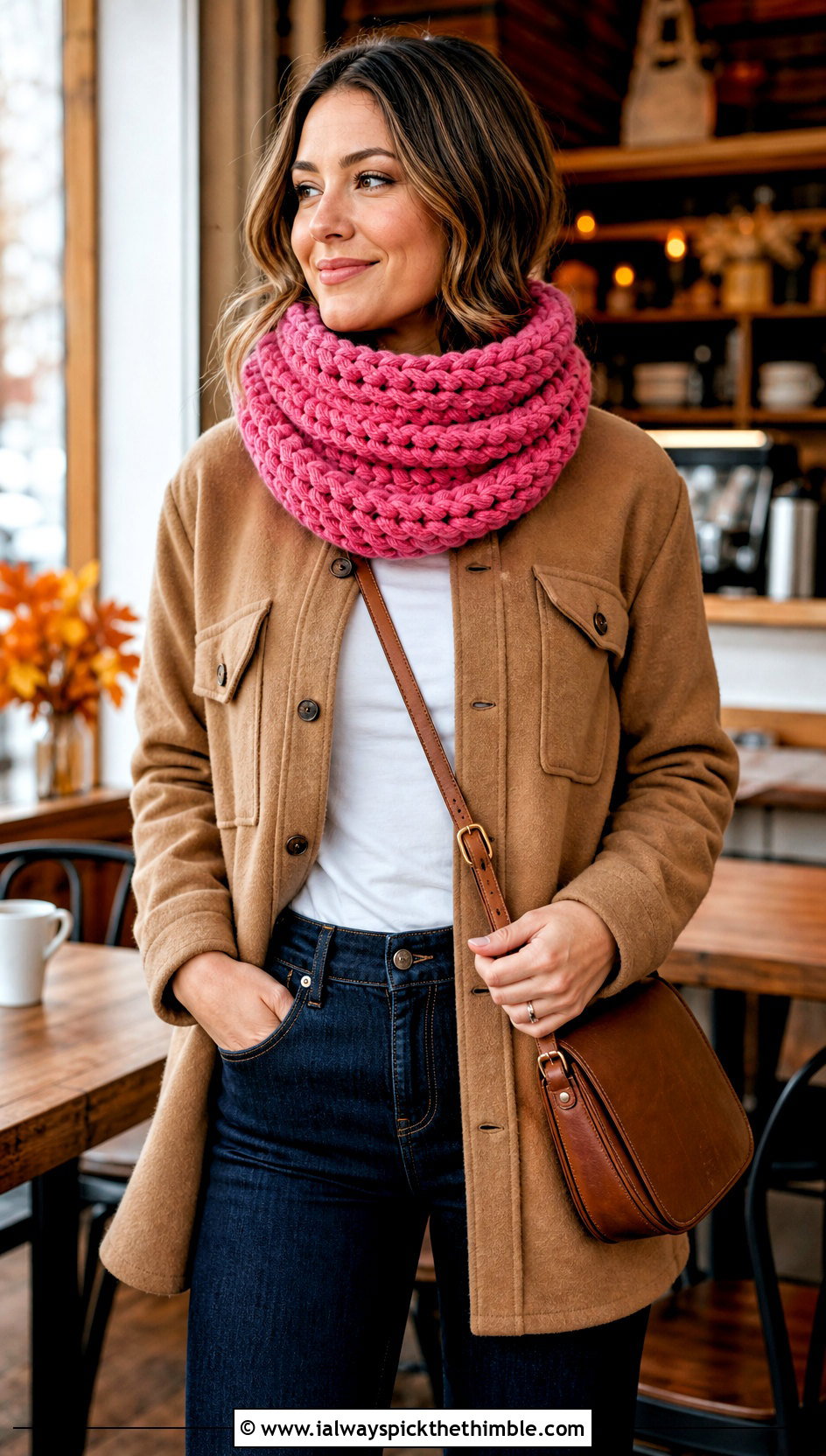 Loop Bulky Crochet Scarf With Shacket And Boots - 20 bulky crochet scarf outfit ideas