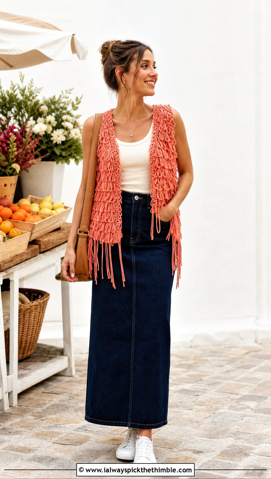 Loop Fringe Crochet Vest With Denim Maxi Skirt - 15 loopy crochet vest outfit ideas