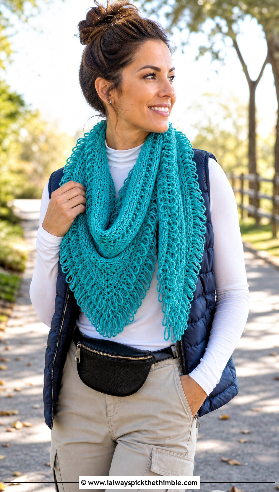 Loop Fringe Infinity Crochet Scarf With Puffer Vest - 20 Crochet Scarf Fringe Ideas
