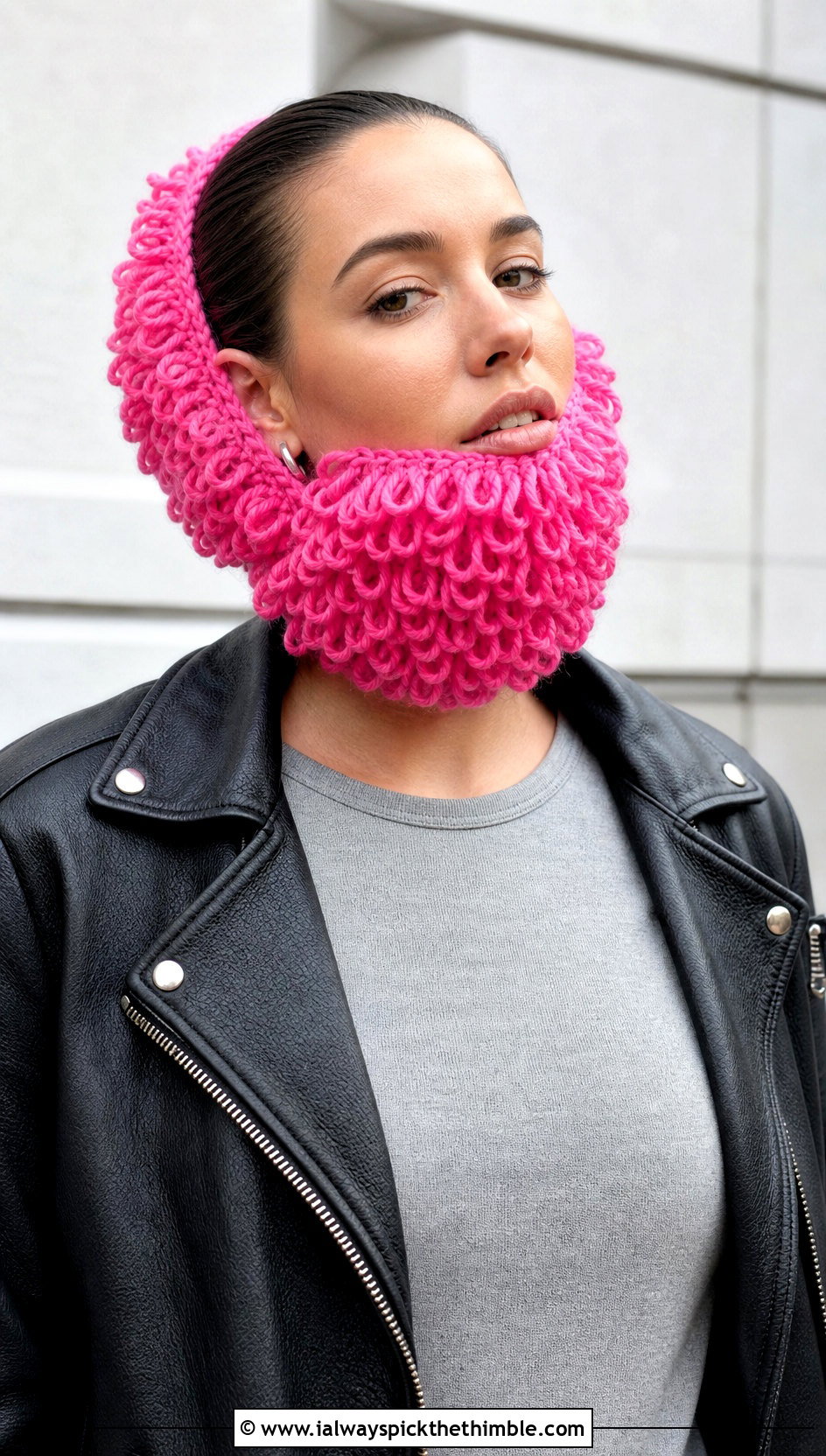 Loop Stitch Beard Crochet Hat With Leather Jacket - 25 crochet beard hat outfit ideas
