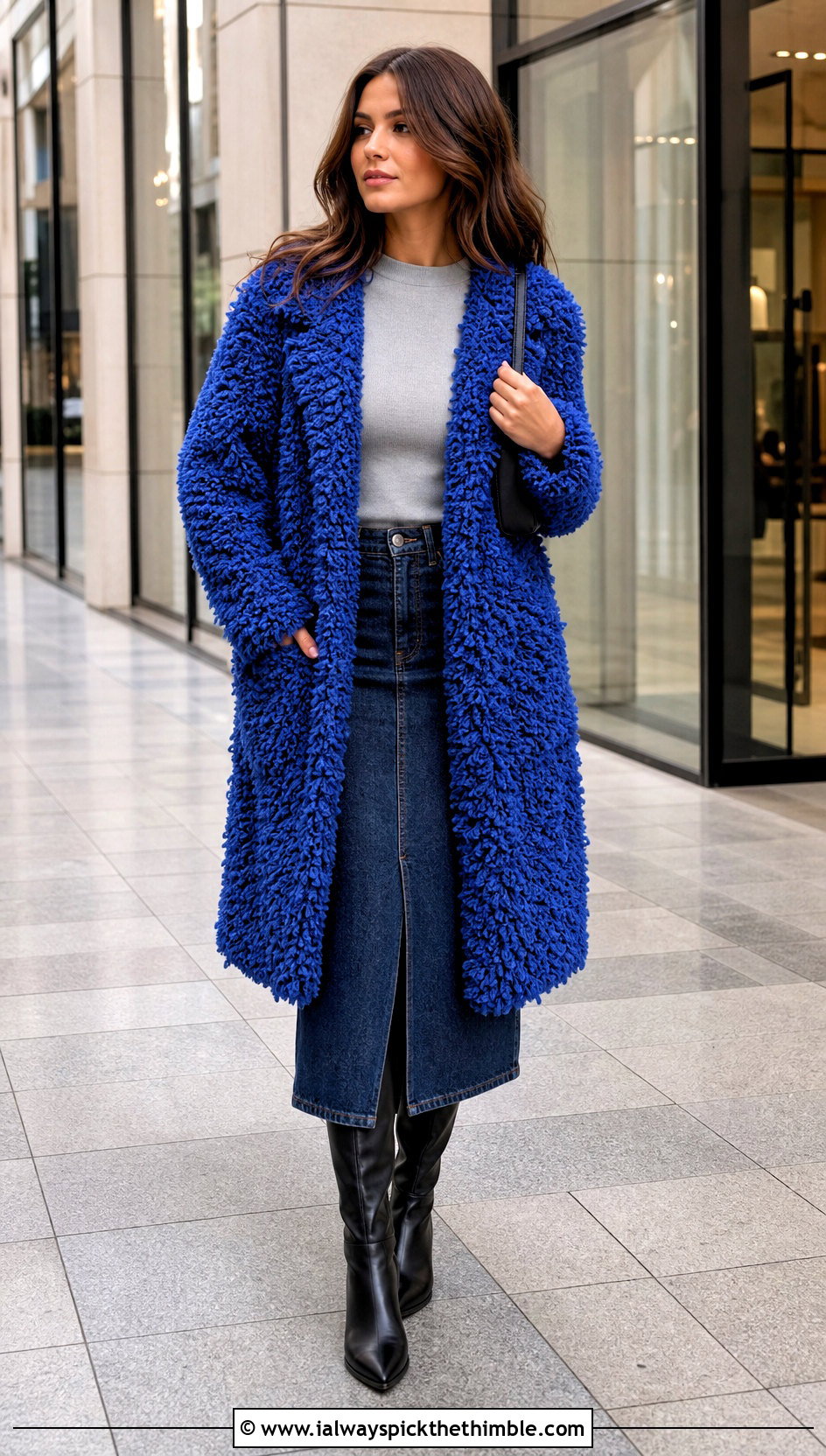 Loop Stitch Crochet Coat With Denim Midi Skirt - 20 Crochet Coat For Women outfit ideas