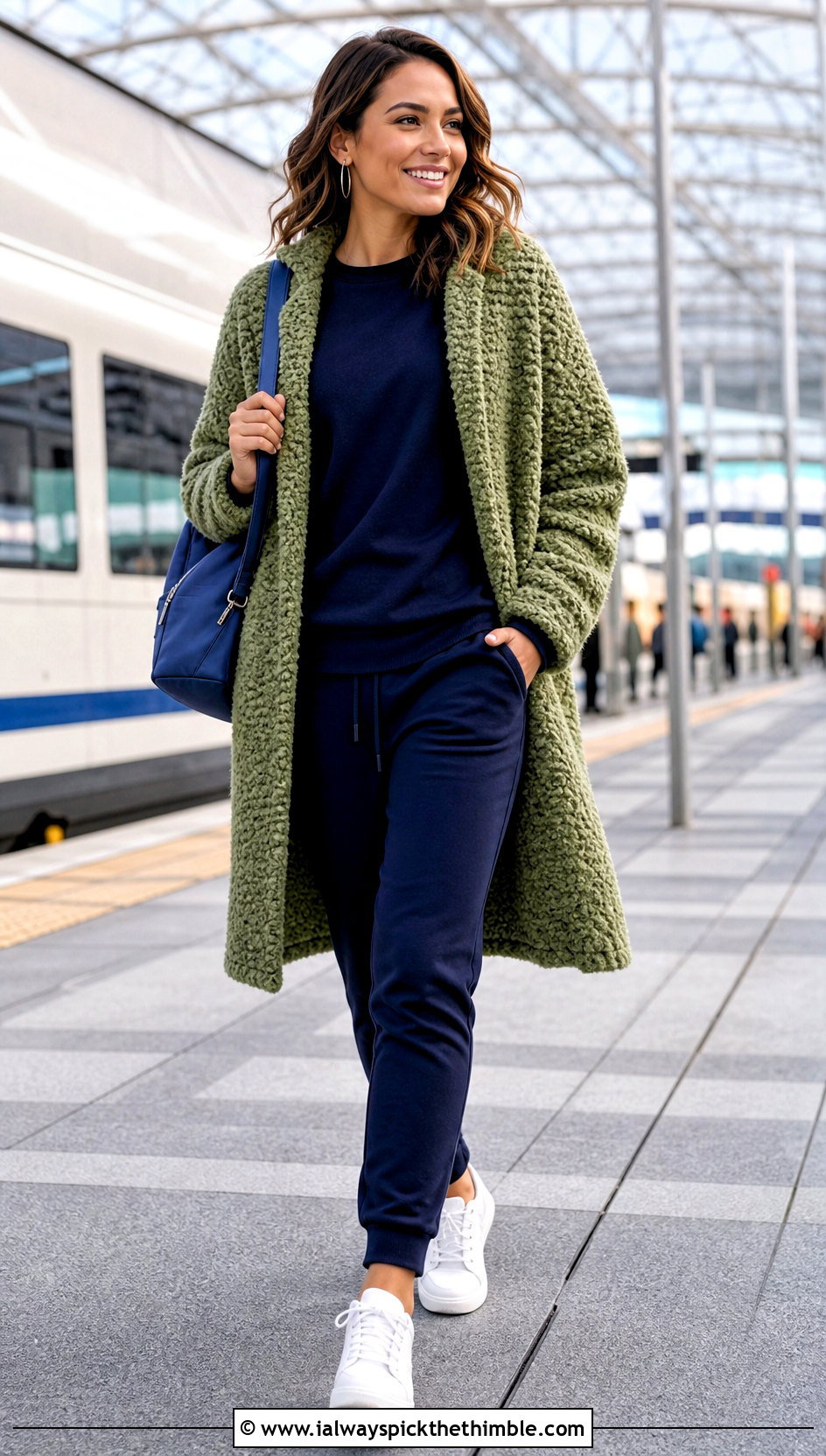 Loop Stitch Crochet Coat With Joggers - 20 women crochet coat outfit ideas