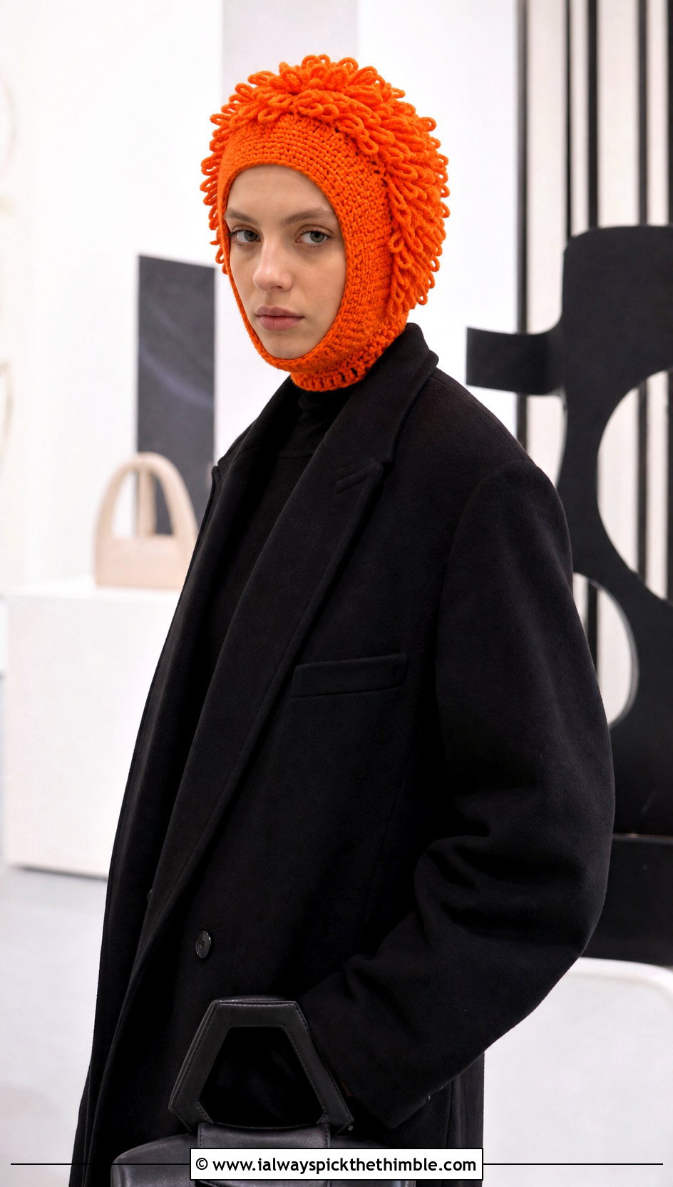 Loop Stitch Helmet Balaclava With Long Minimal Coat - 20 crochet helmet balaclava outfit ideas