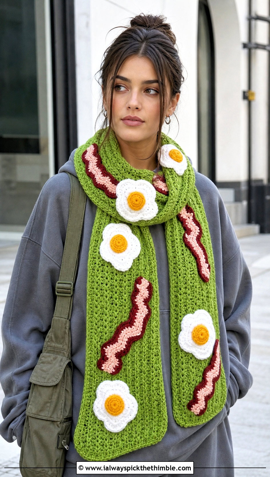 Looped Bacon And Eggs Scarf With Hoodie And Cargo Pants - 20 Crochet Bacon And Eggs Scarf outfit ideas