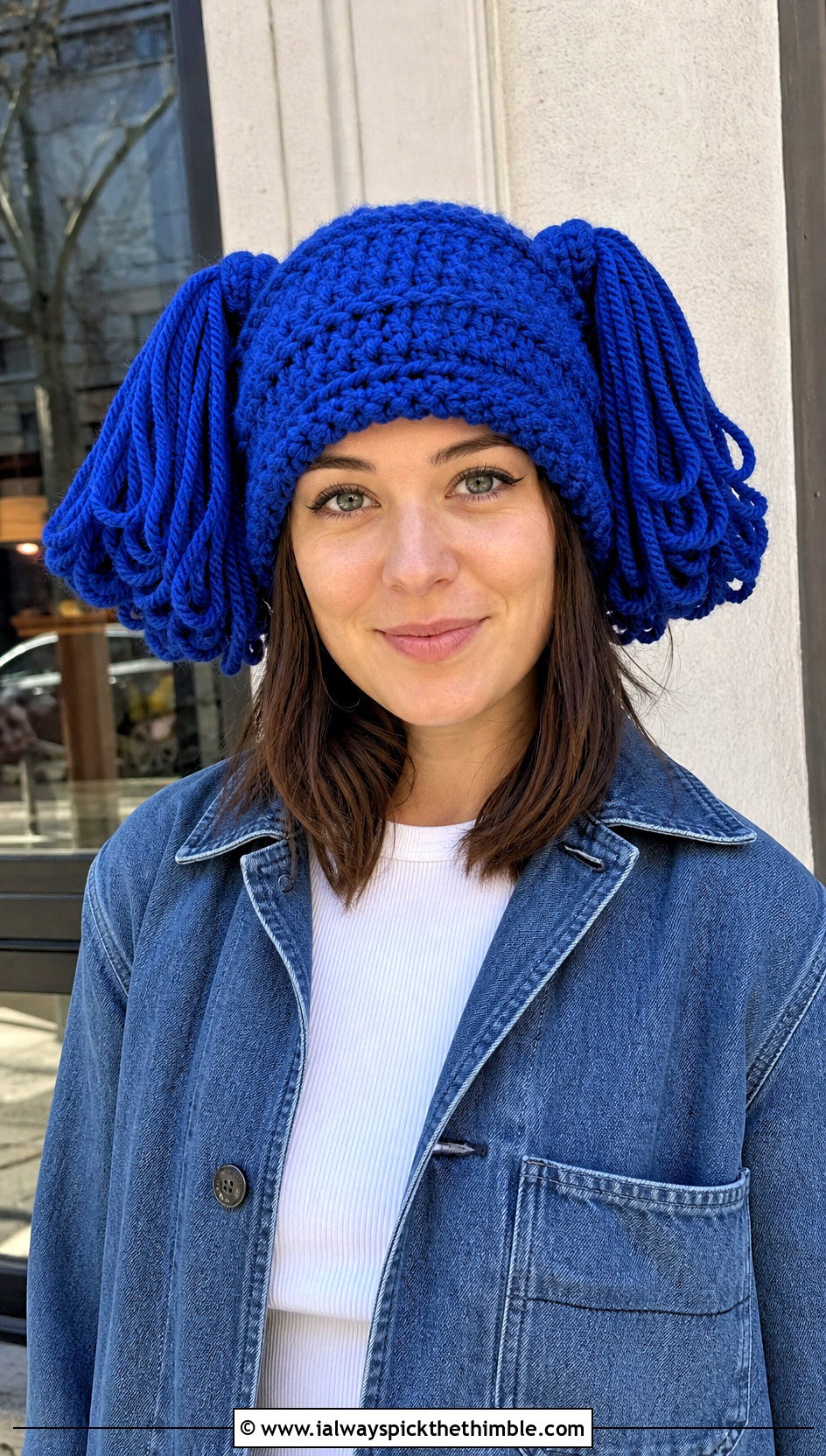 Looped Pigtail Cabbage Patch Crochet Hat With Denim Chore Jacket - 20 Cabbage Patch Crochet Hat outfit ideas