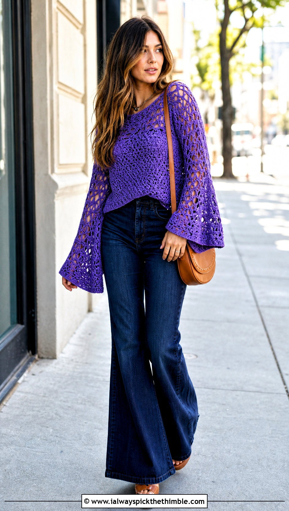 Loose Bell Sleeve Crochet Top With Flared Jeans - 25 loose crochet top outfit ideas