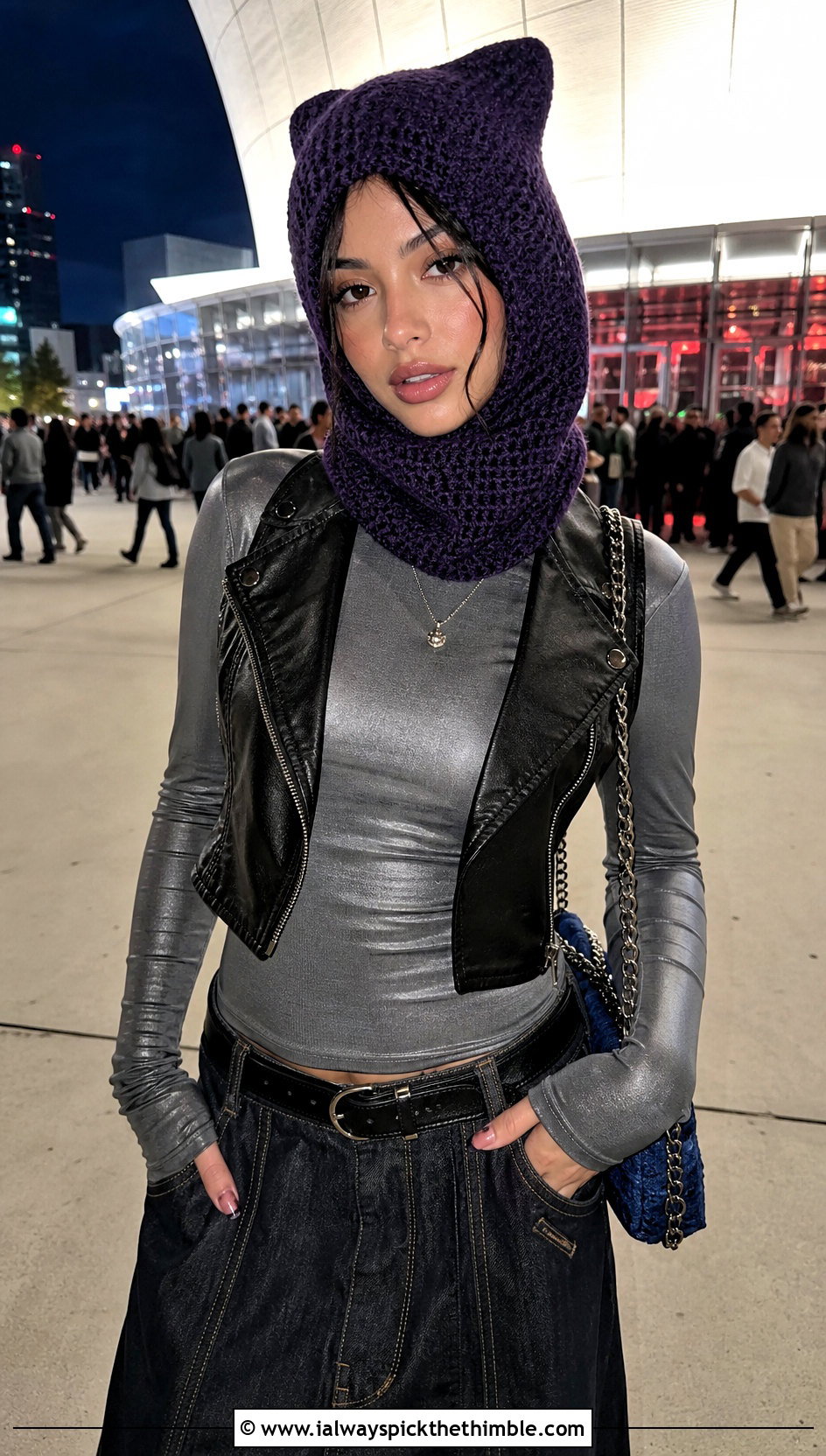 Loose Cat Ear Crochet Balaclava With Moto Vest And Maxi Skirt - 20 loose crochet balaclava outfit ideas