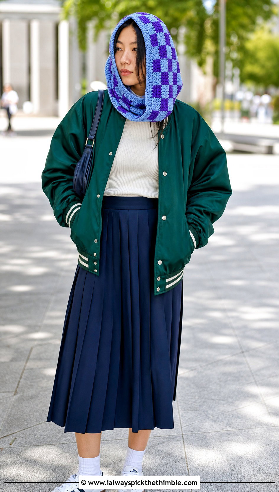 Loose Checkerboard Crochet Balaclava With Varsity Jacket - 20 loose crochet balaclava outfit ideas