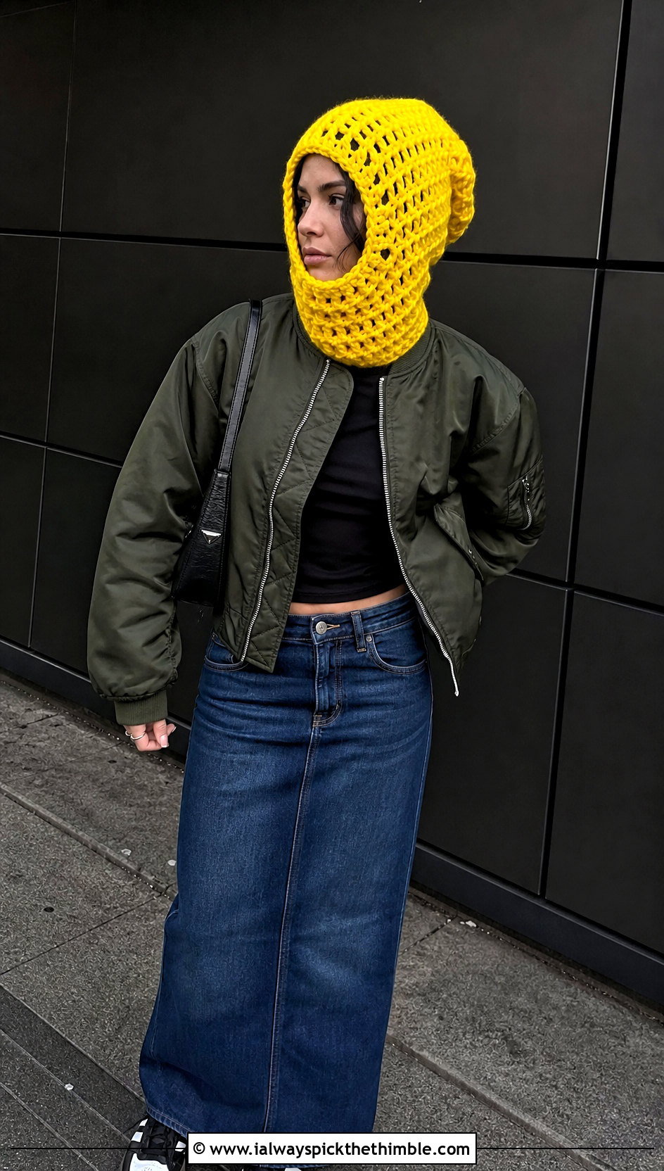Loose Chunky Stitch Crochet Balaclava With Bomber Jacket - 20 loose crochet balaclava outfit ideas