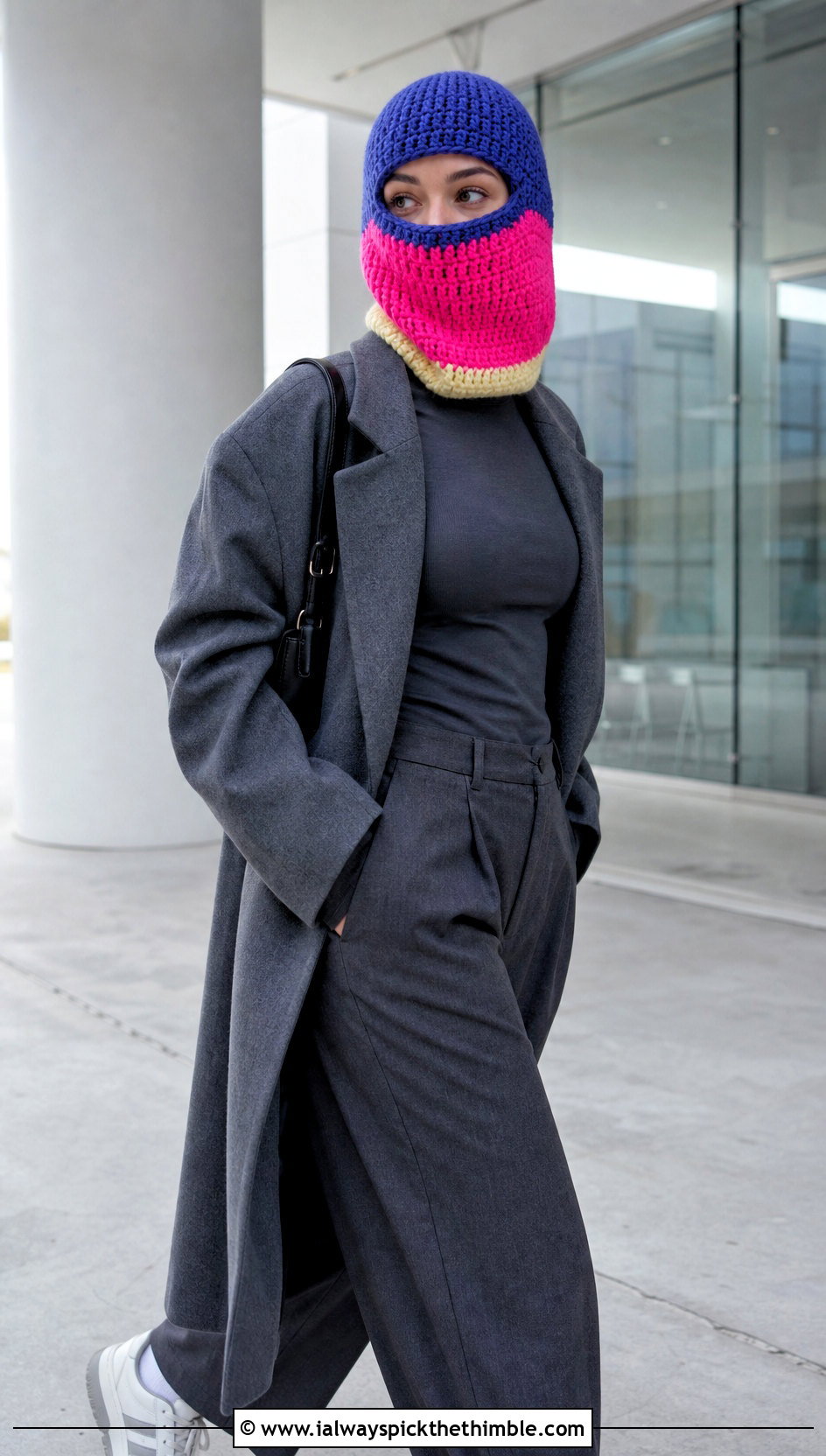 Loose Color Block Crochet Balaclava With Monochrome Outfit - 20 loose crochet balaclava outfit ideas