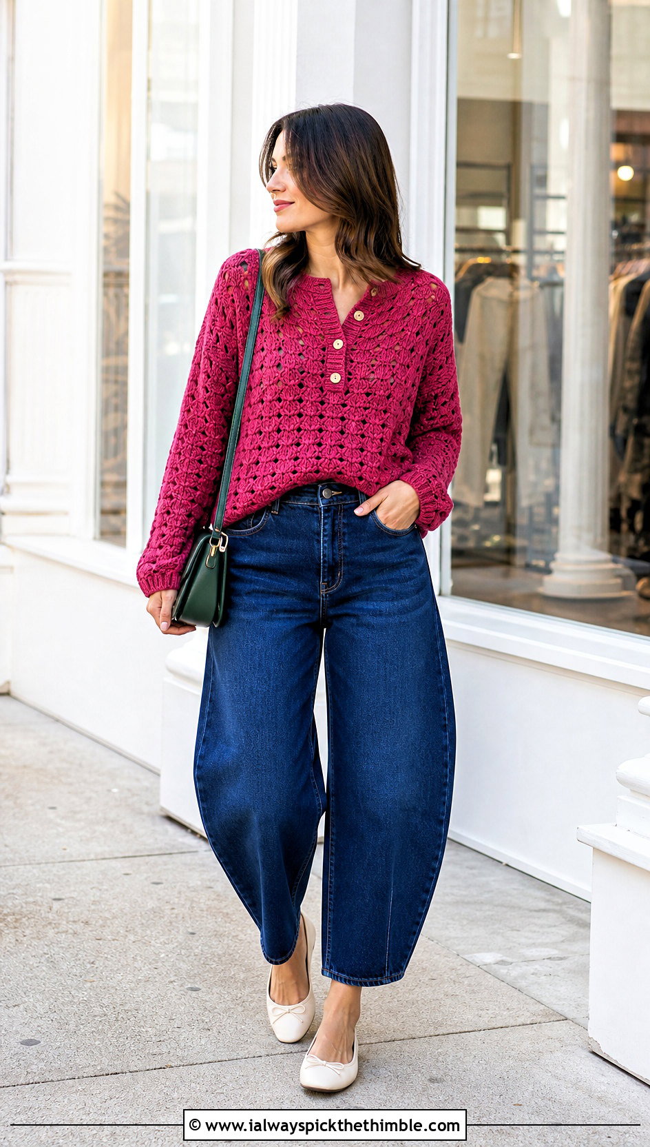Loose Crochet Henley Top With Barrel Jeans - 25 loose crochet top outfit ideas