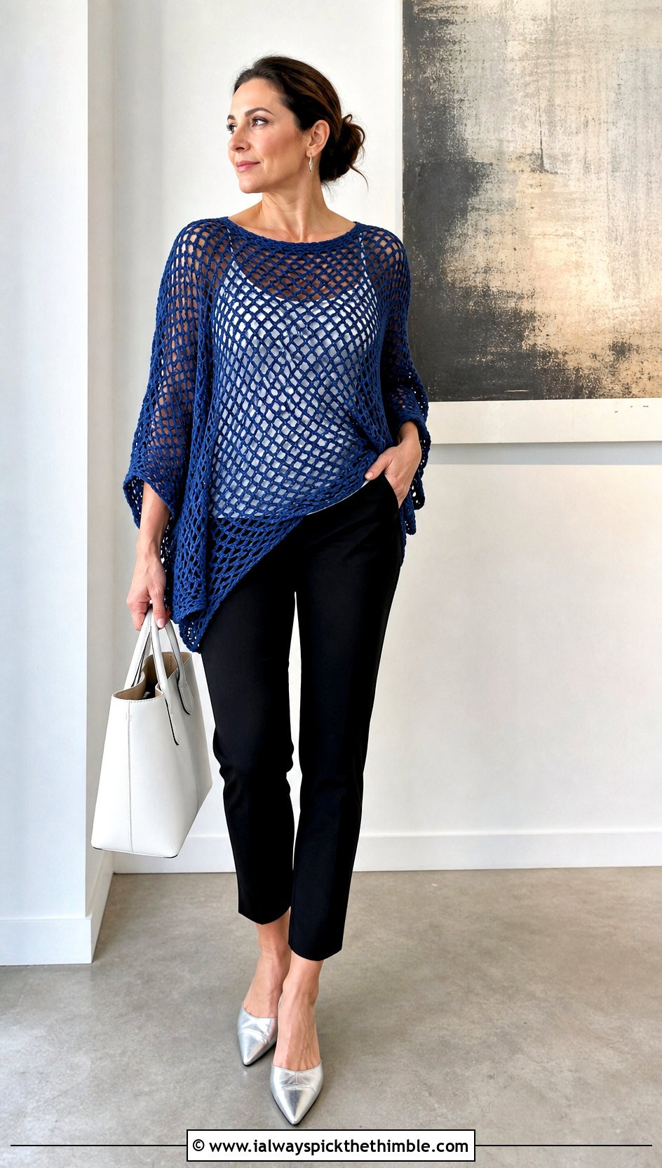 Loose Crochet Poncho Top With Slim Ankle Pants - 25 loose crochet top outfit ideas