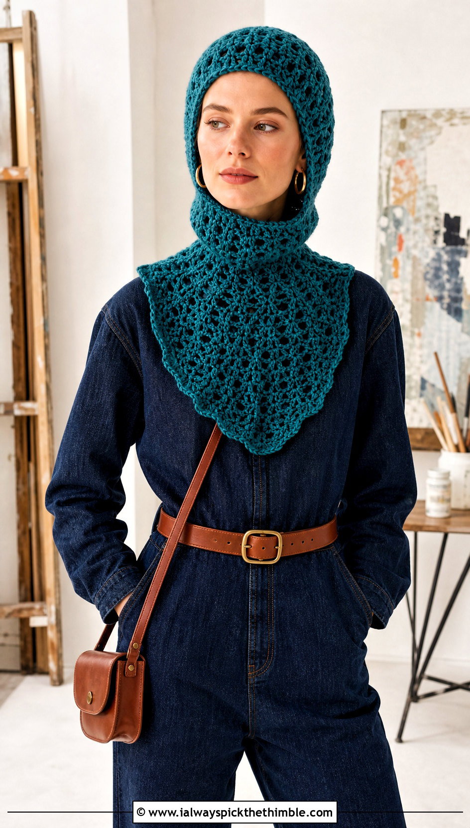 Loose Extended Neck Crochet Balaclava With Denim Jumpsuit - 20 loose crochet balaclava outfit ideas