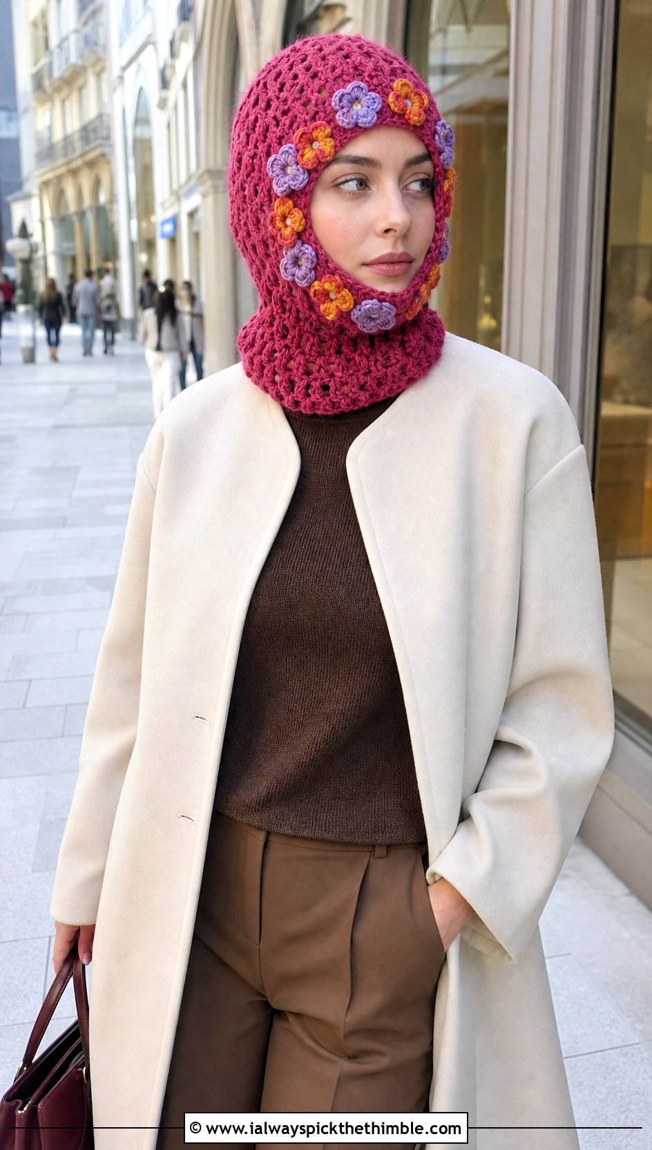 Loose Floral Applique Crochet Balaclava With Minimal Coat - 20 loose crochet balaclava outfit ideas