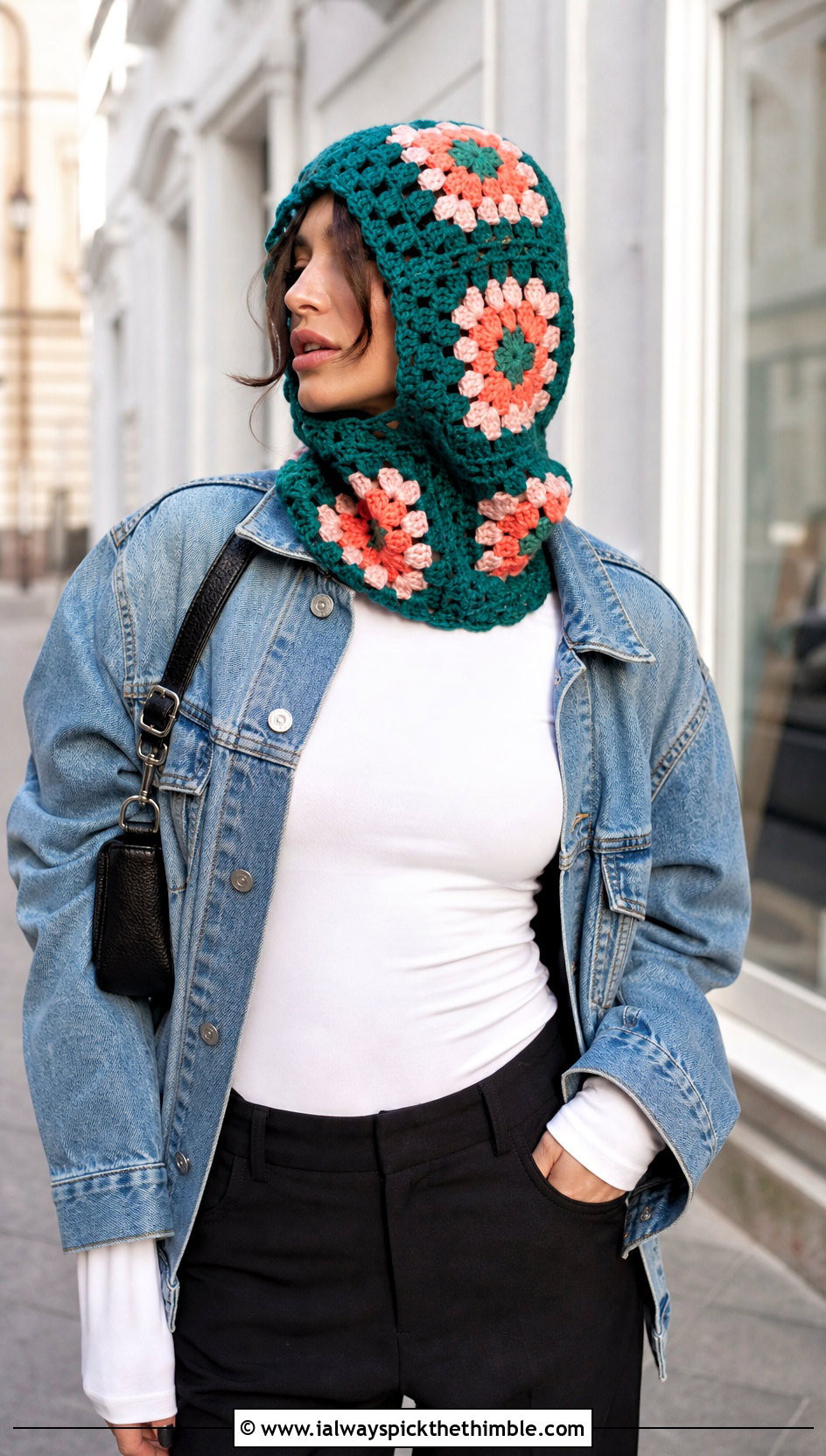 Loose Granny Square Crochet Balaclava With Denim Jacket - 20 loose crochet balaclava outfit ideas