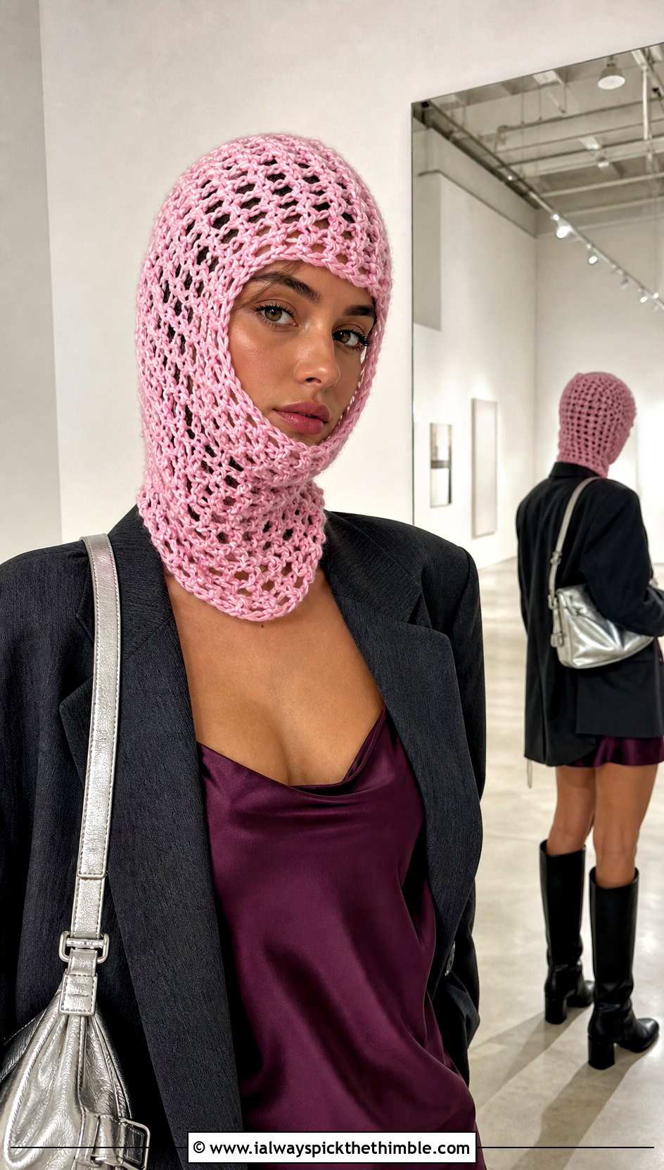 Loose Lace Stitch Crochet Balaclava With Slip Dress - 20 loose crochet balaclava outfit ideas