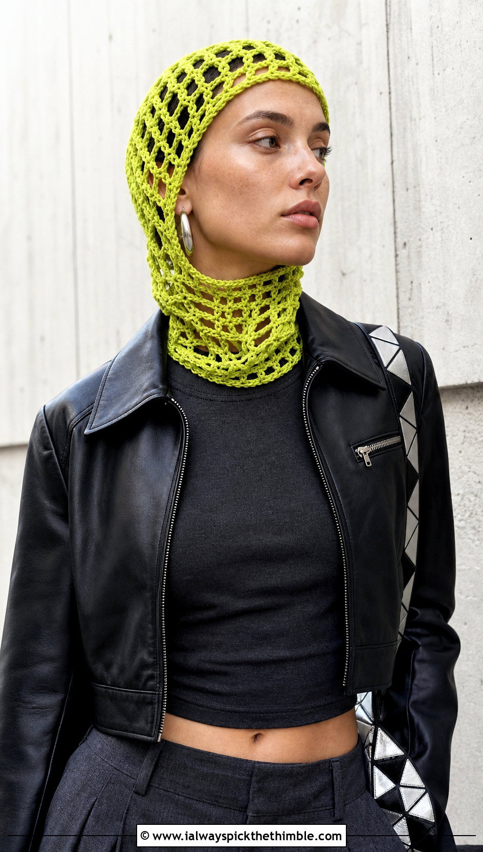 Loose Open Mesh Crochet Balaclava With Leather Jacket - 20 loose crochet balaclava outfit ideas