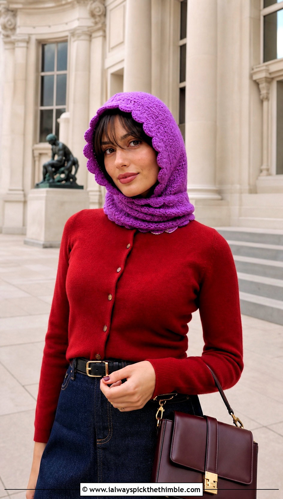 Loose Scalloped Edge Crochet Balaclava With Cardigan And Skirt - 20 loose crochet balaclava outfit ideas