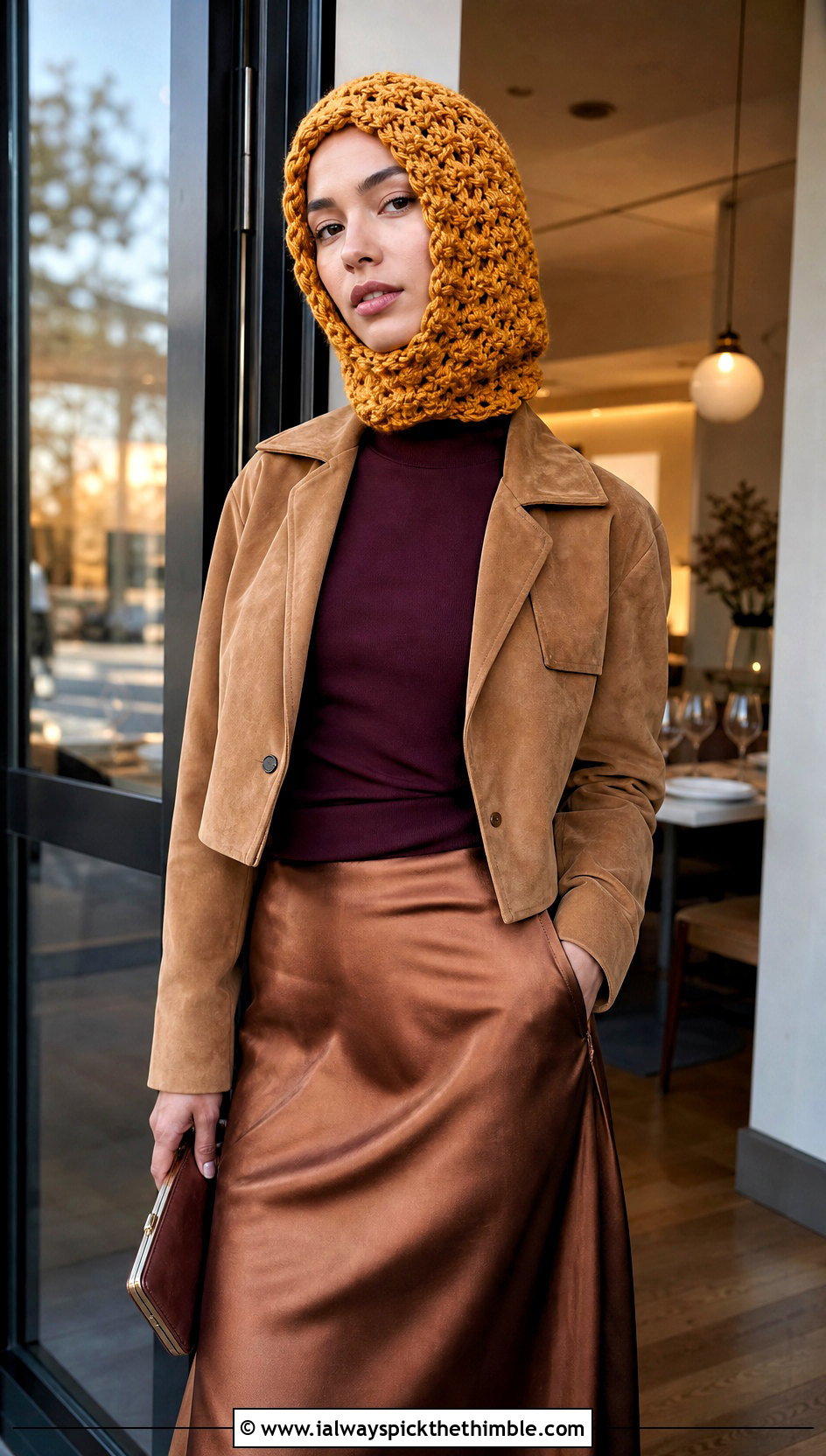 Loose Shell Stitch Crochet Balaclava With Satin Skirt - 20 loose crochet balaclava outfit ideas