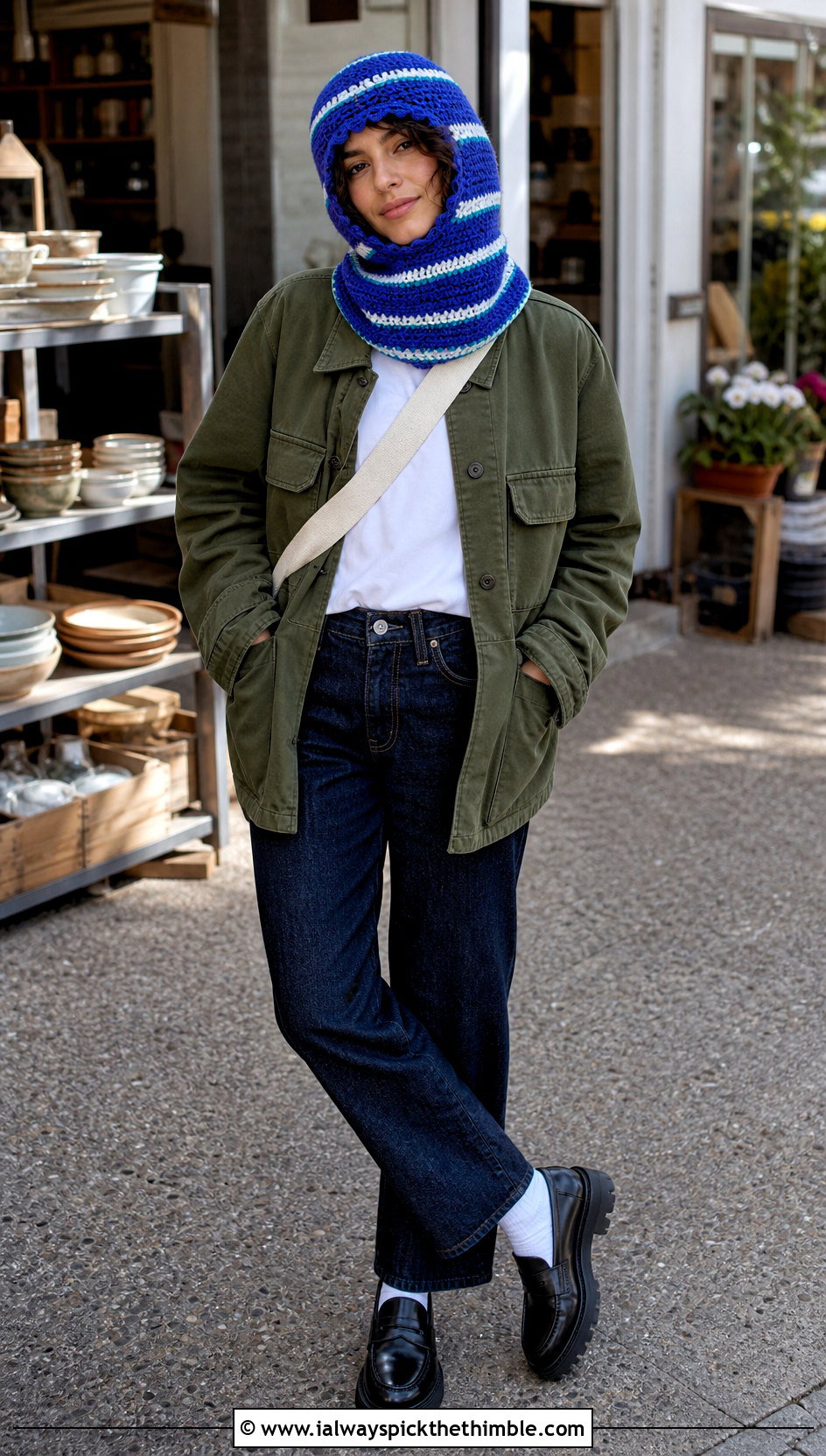 Loose Striped Crochet Balaclava With Utility Jacket - 20 loose crochet balaclava outfit ideas