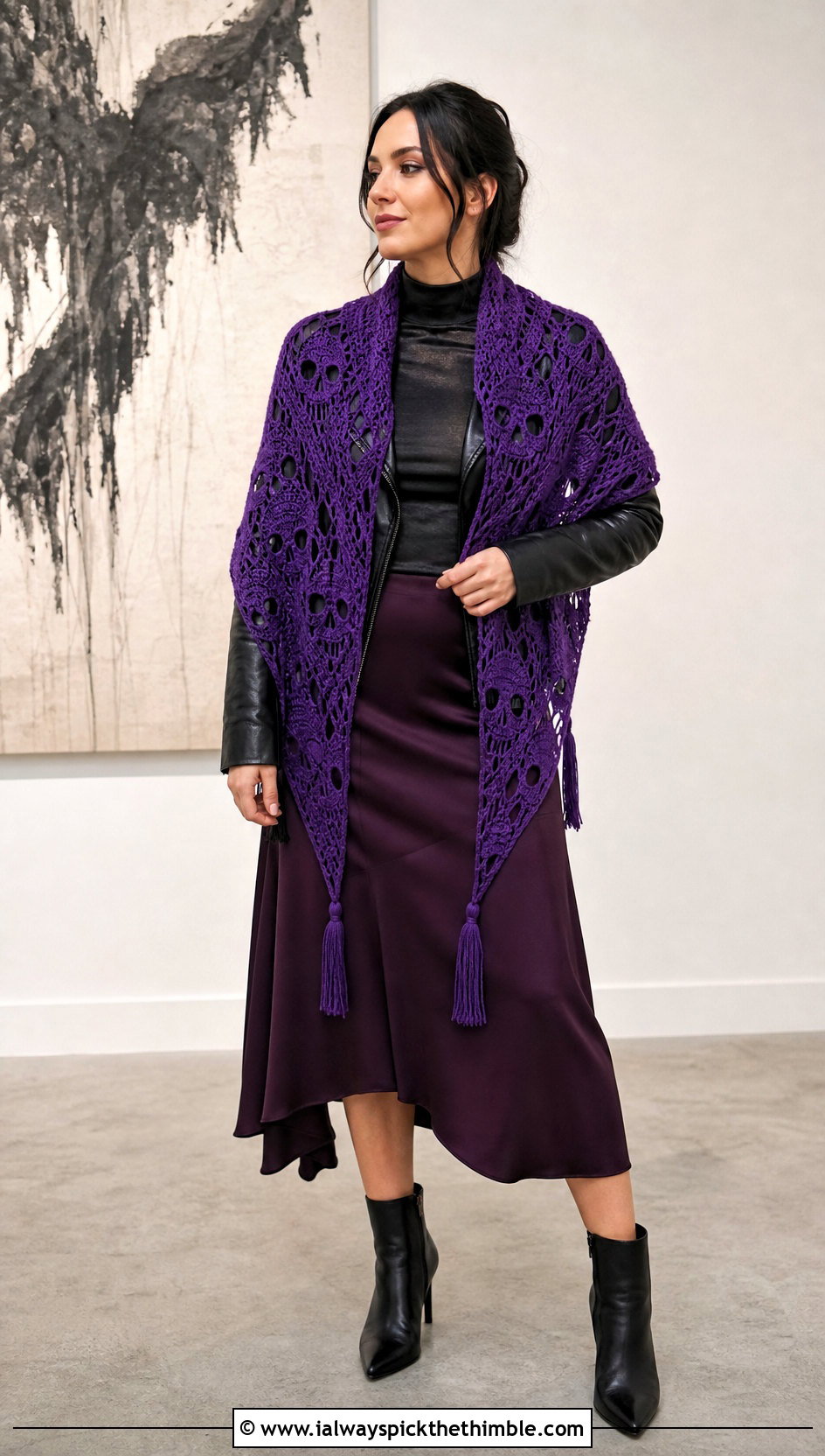 Lost Souls Skull Triangle Shawl With Leather Jacket - 20 Crochet Halloween Shawl outfit ideas