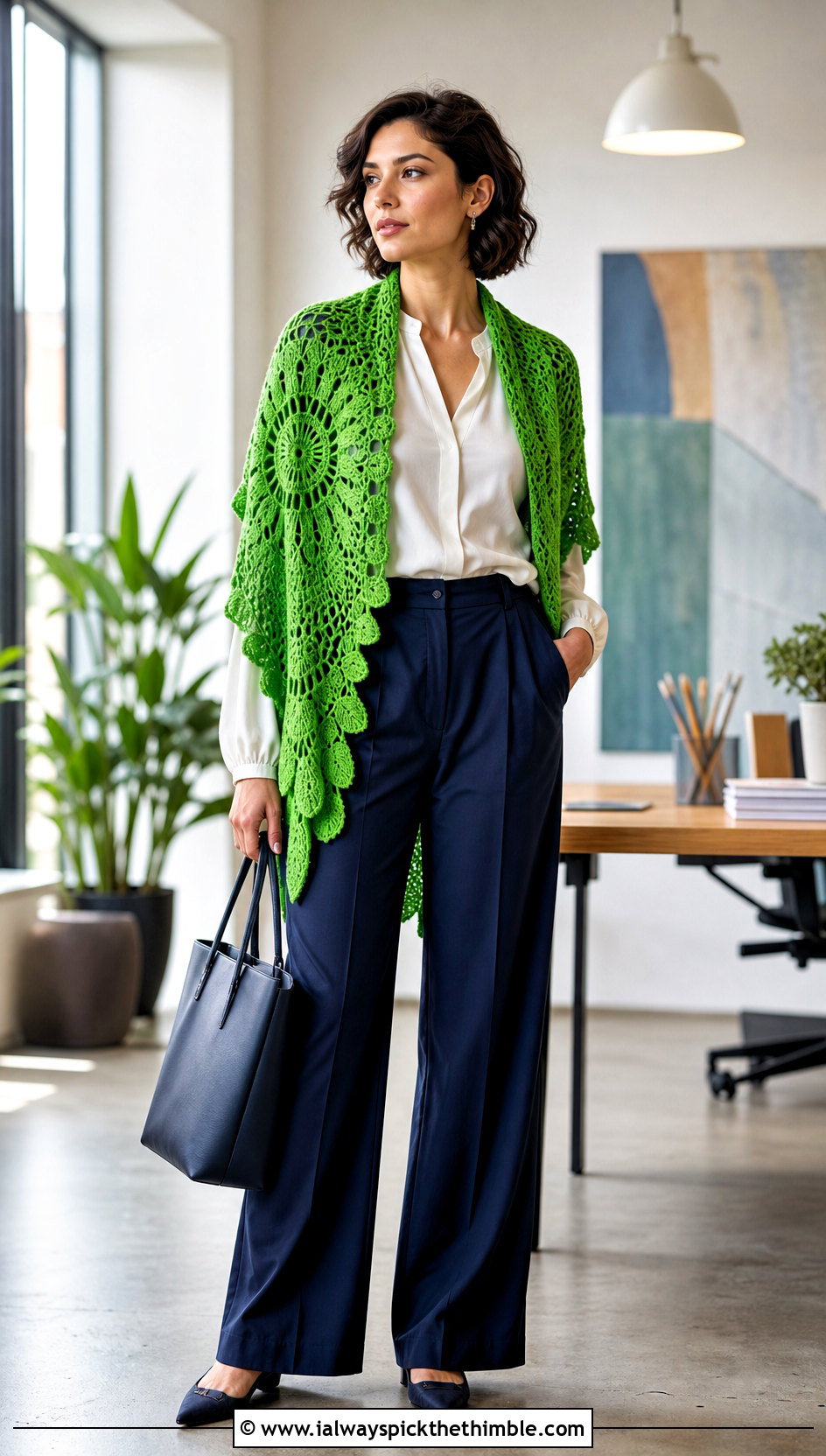 Lotus Crochet Mandala Shawl With Wide Leg Trousers - 20 Crochet Mandala Shawl outfit ideas