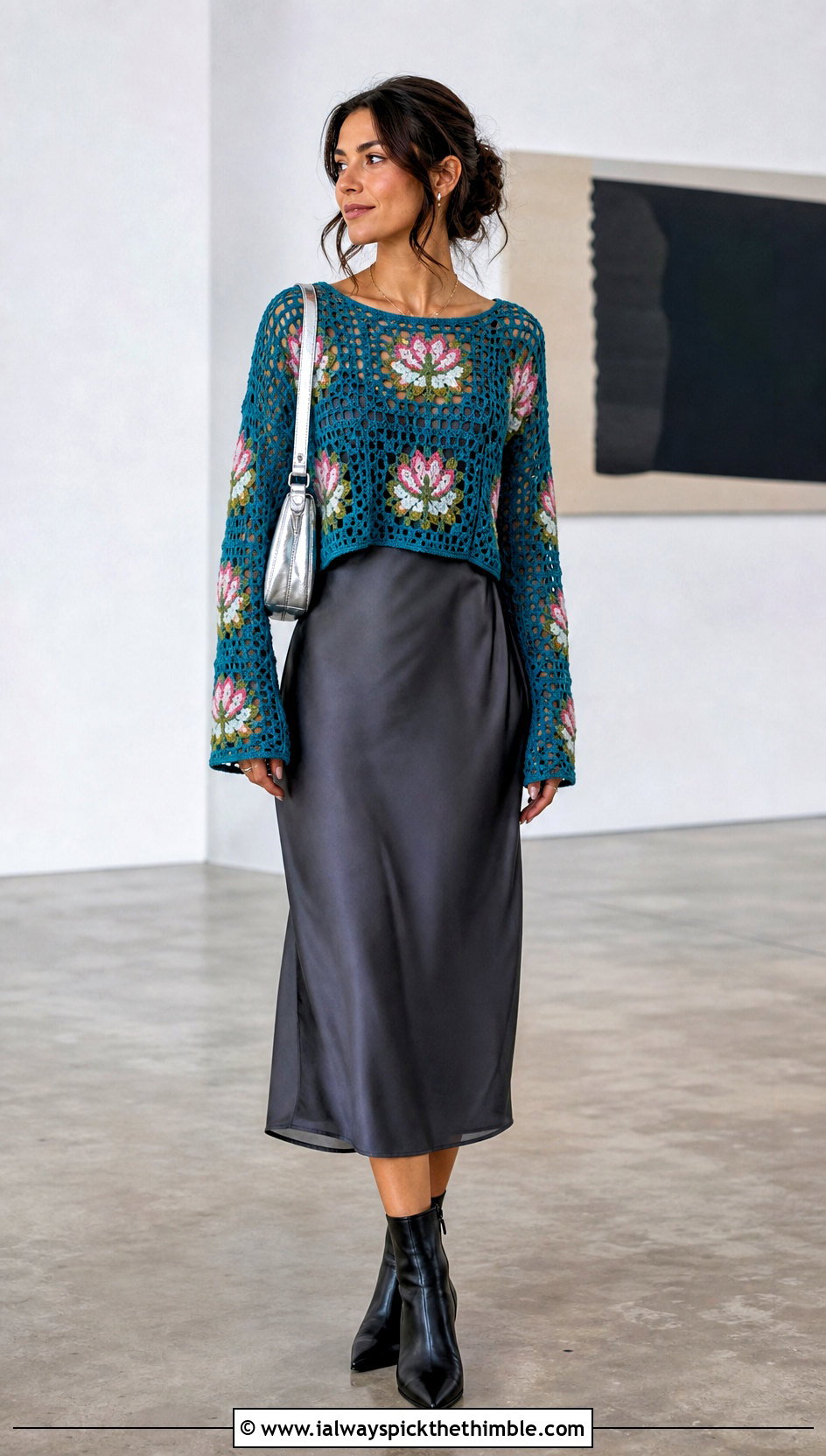 Lotus Flower Granny Square Sweater With Slip Dress - 20 flower granny square sweater outfit ideas