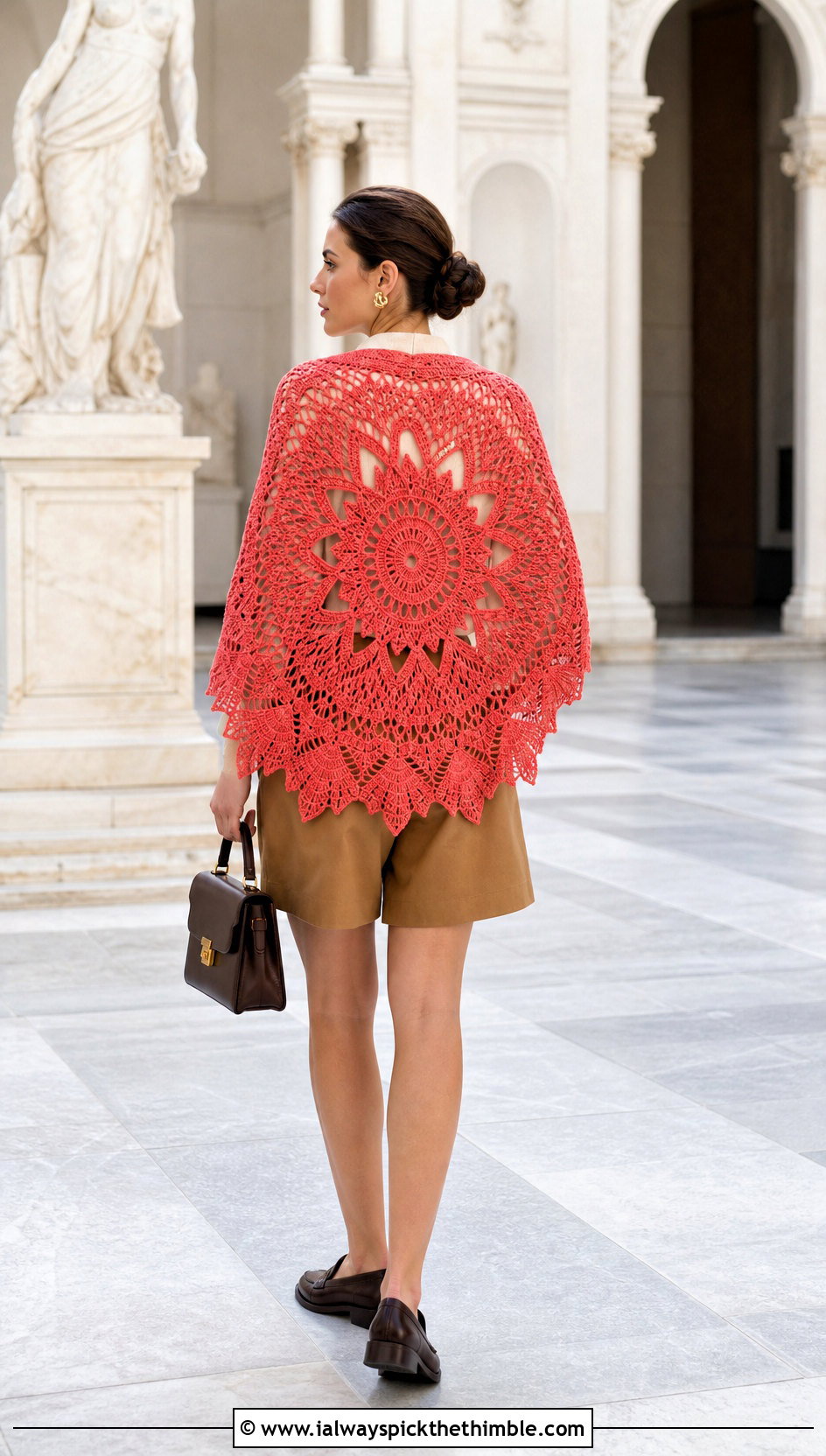 Lotus Mandala Circle Crochet Shawl With Polo Sweater And Tailored Shorts - 20 Circle Crochet Shawl outfit ideas