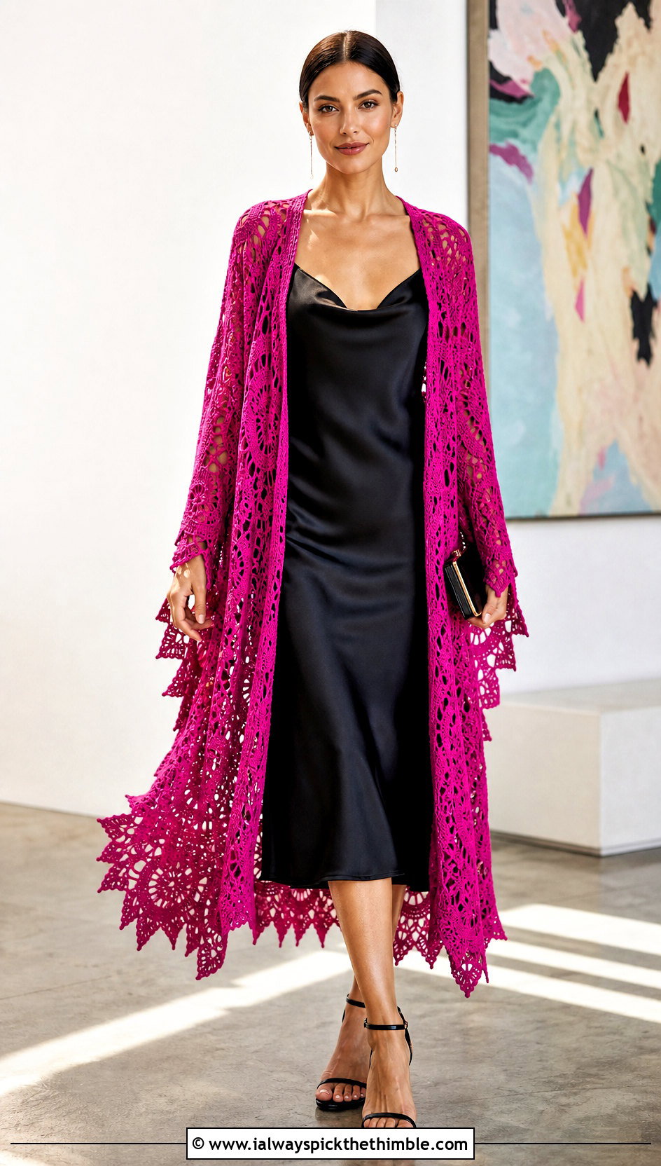 Lotus Mandala Duster With Satin Slip Dress - 15 Crochet Circular Jacket outfit ideas