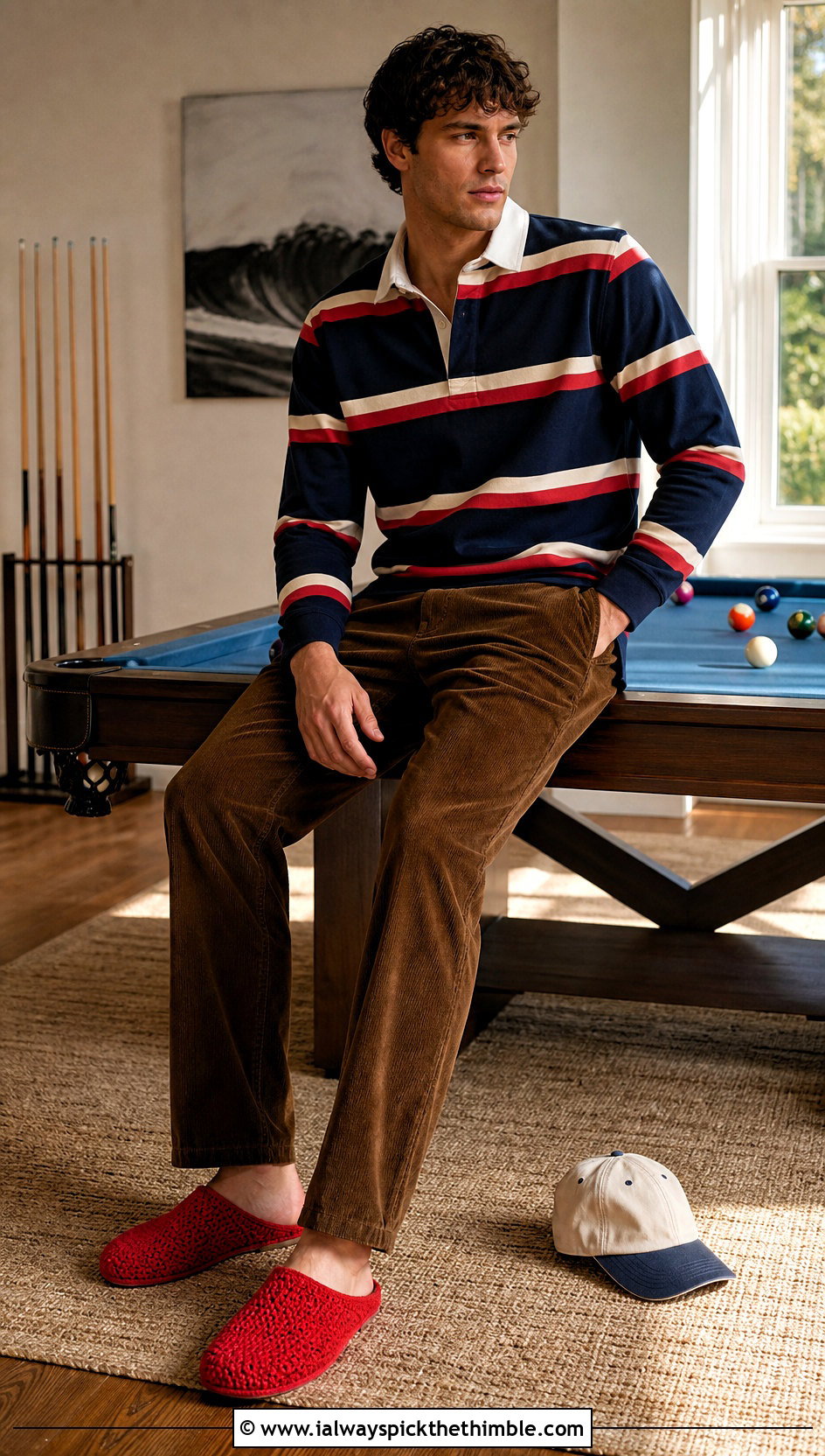 Low Cut Crochet Scuff Slippers With Rugby Shirt - 20 crochet men's slippers outfit ideas