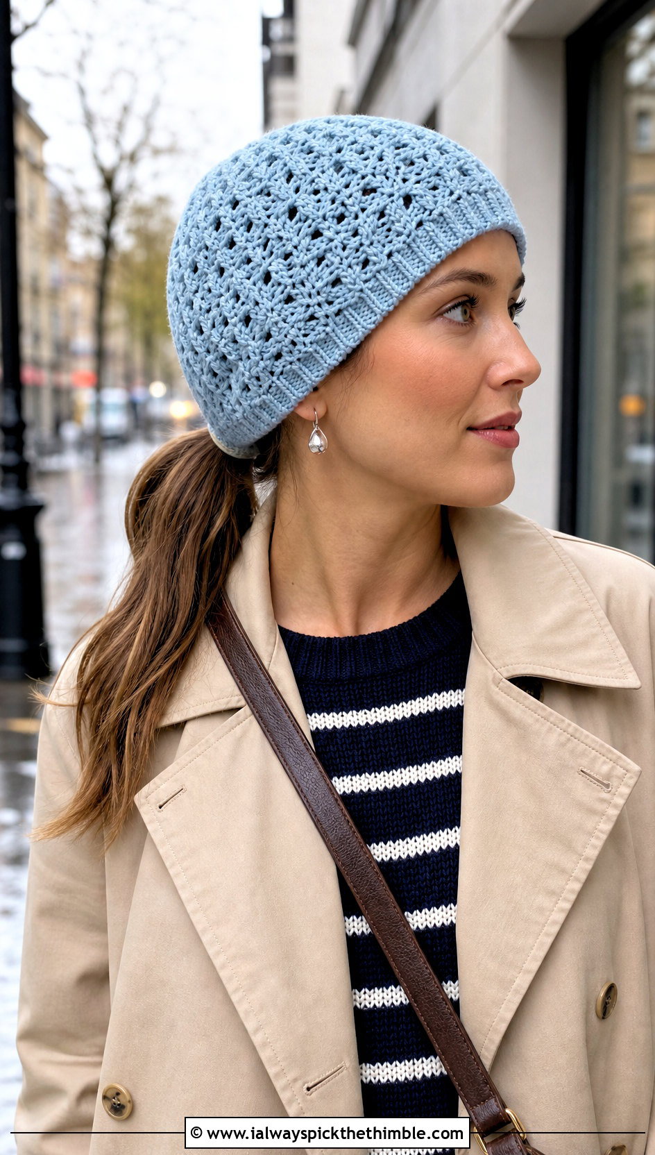 Low Ponytail Crochet Beanie With Trench Coat - 20 crochet beanie with ponytail hole outfit ideas