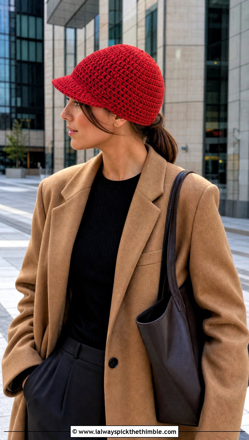 Low Ponytail Crochet Hat With Blazer - 20 easy crochet ponytail hat outfit ideas