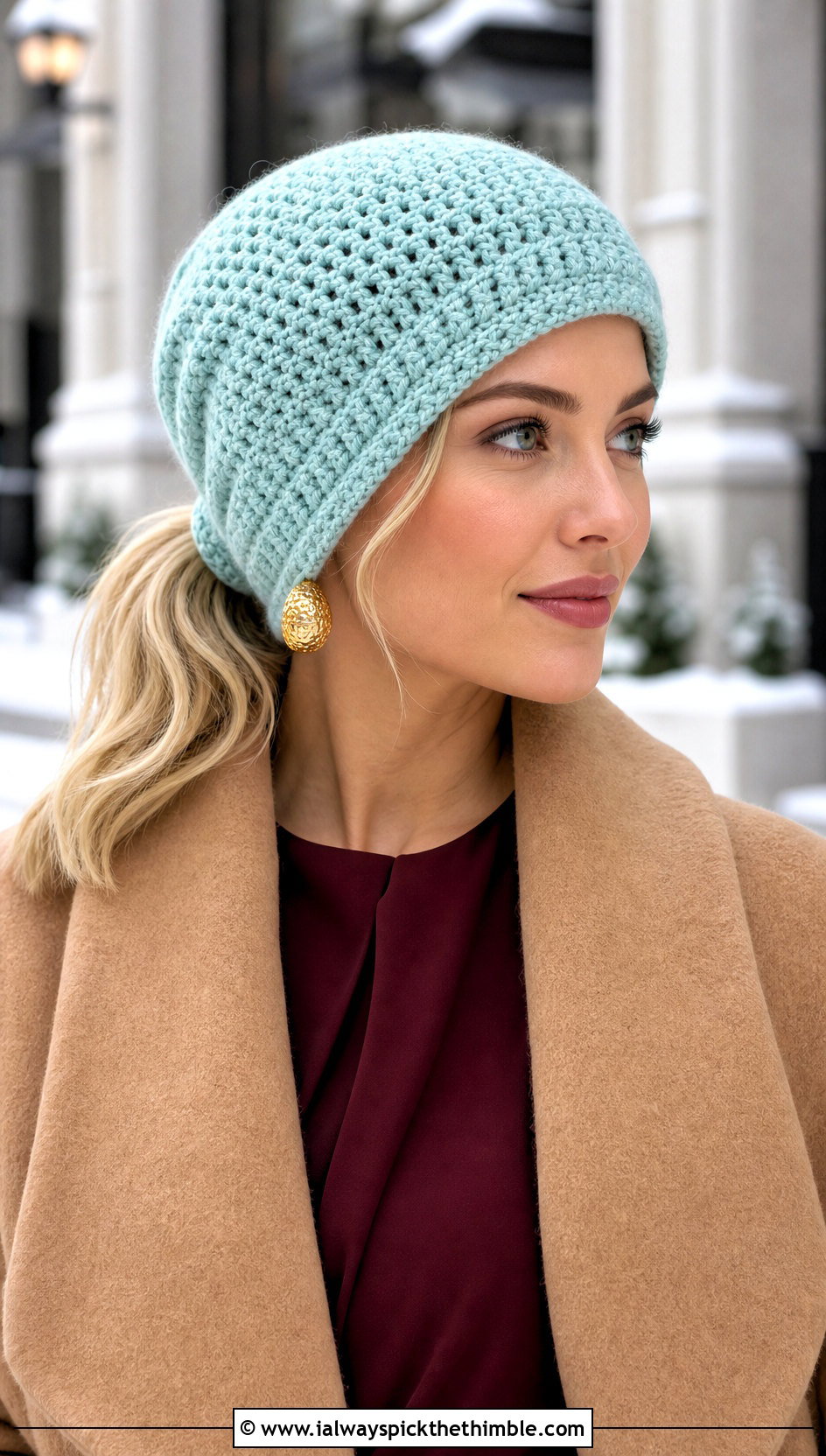 Low Ponytail Crochet Hat With Wrap Coat And Midi Dress - 25 crochet bun hat outfit ideas