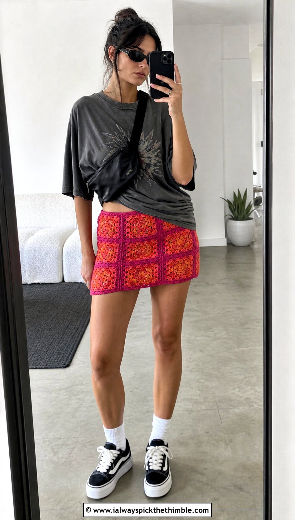 Low Rise Granny Square Mini Skirt With Oversized Graphic Tee - 20 Crochet Granny Square Mini Skirt outfit ideas