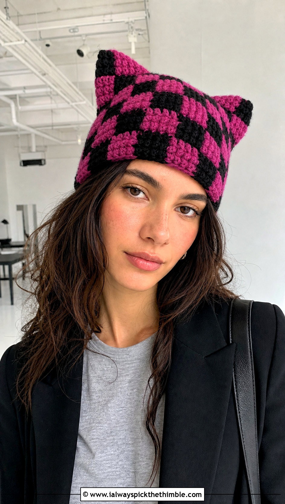 Magenta Checkerboard Clancy Crochet Beanie With Minimalist Suit - 20 clancy beanie crochet outfit ideas