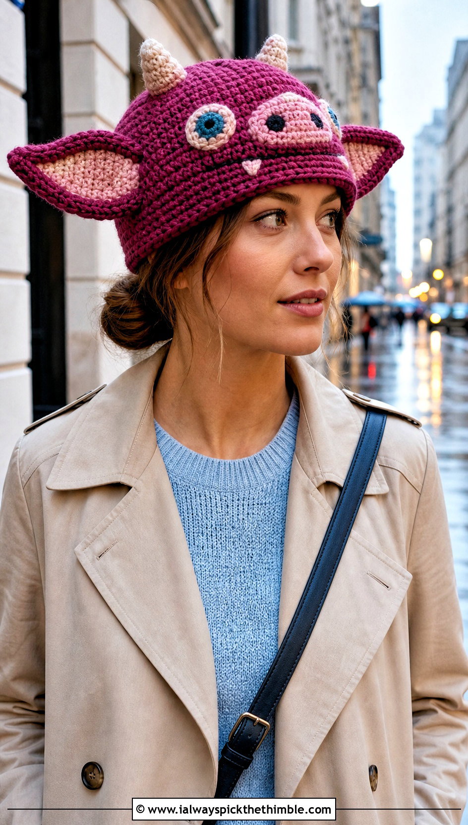 Magenta Mini Horn Bokoblin Crochet Cap With Trench Coat - 15 Bokoblin Crochet Hat outfit ideas