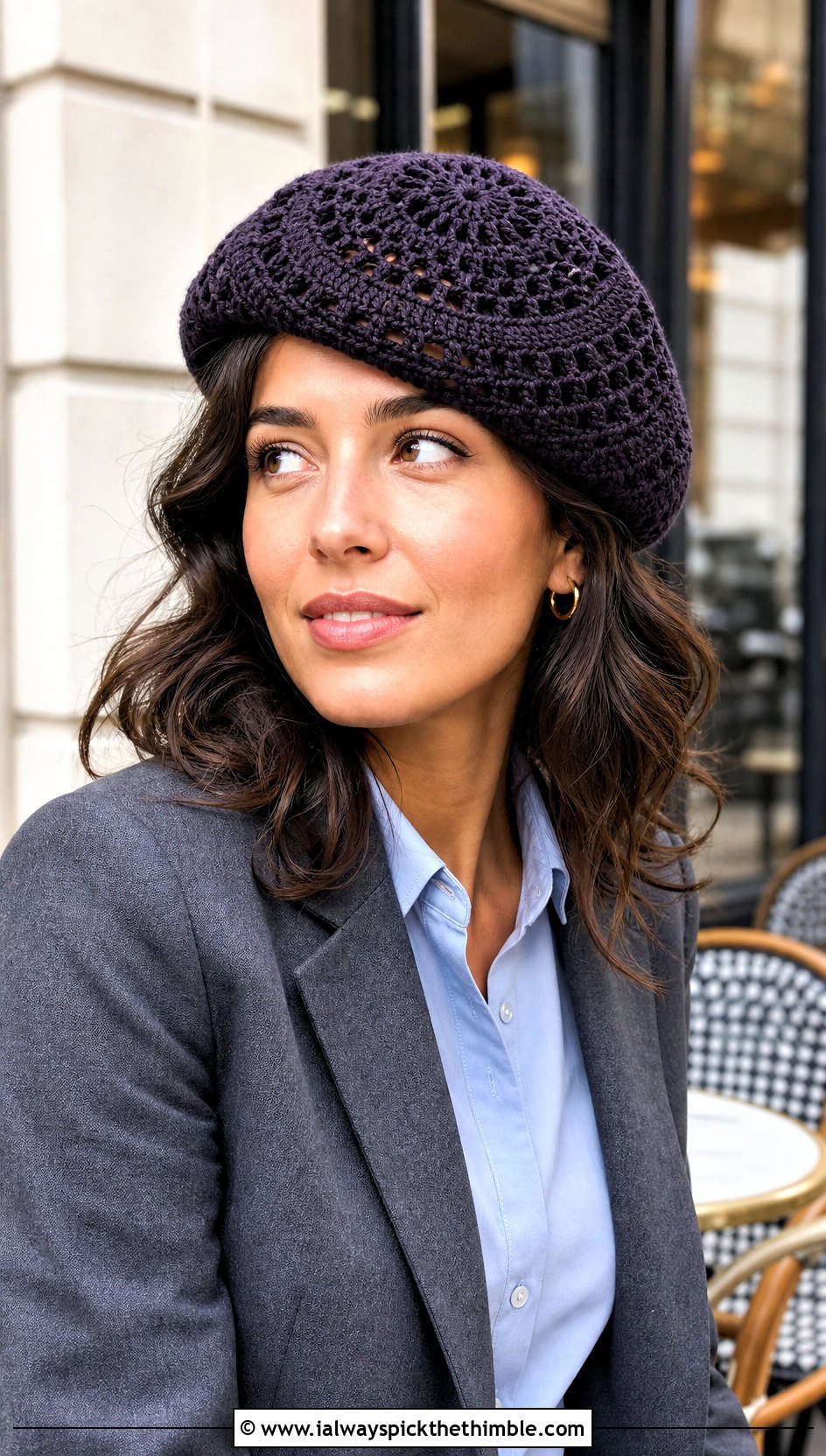 Magic Circle Crochet Beret With Blazer And Jeans - 20 Magic Circle Crochet Hat outfit ideas