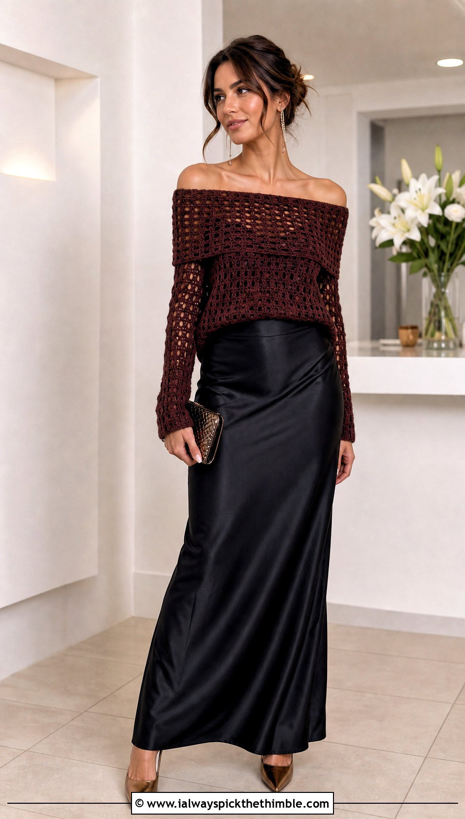 Mahogany Off Shoulder Crochet Sweater With Maxi Skirt - 15 Brown Crochet Sweater Design outfit ideas