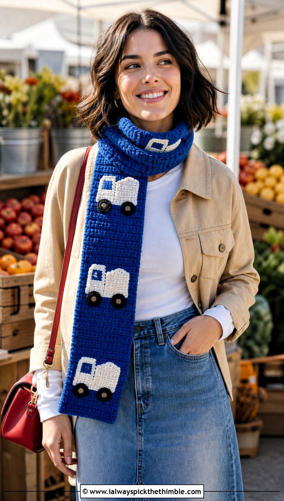Mail Truck Crochet Scarf With Denim Skirt - 20 Crochet Truck Scarf outfit ideas